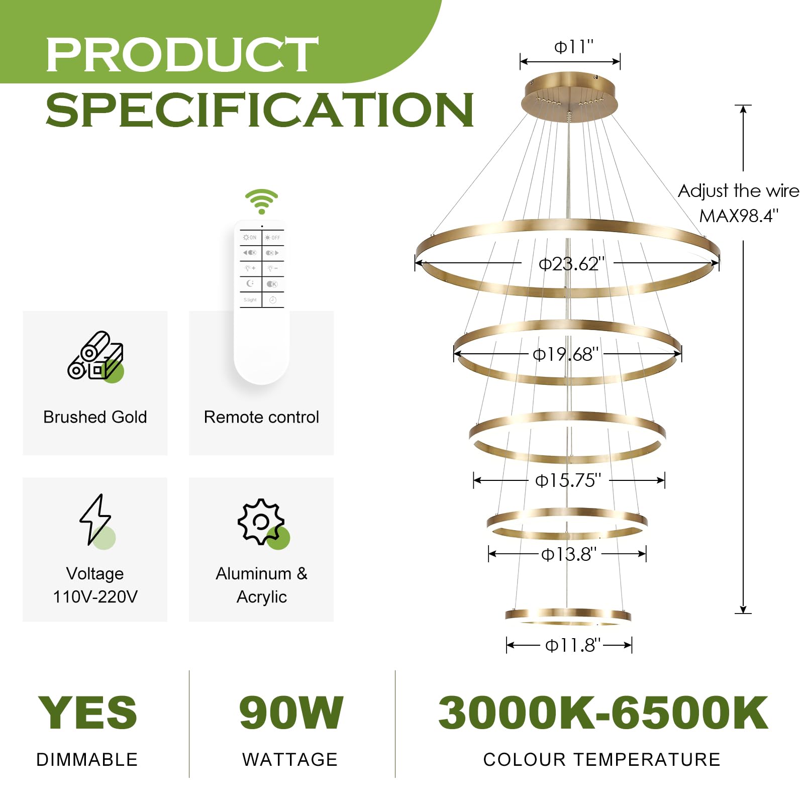 Benkut 5-Rings LED Chandelier, Gold, Dimmable, Remote Control, Modern Design, 3000K-6500K, Model P60S-5GDC1