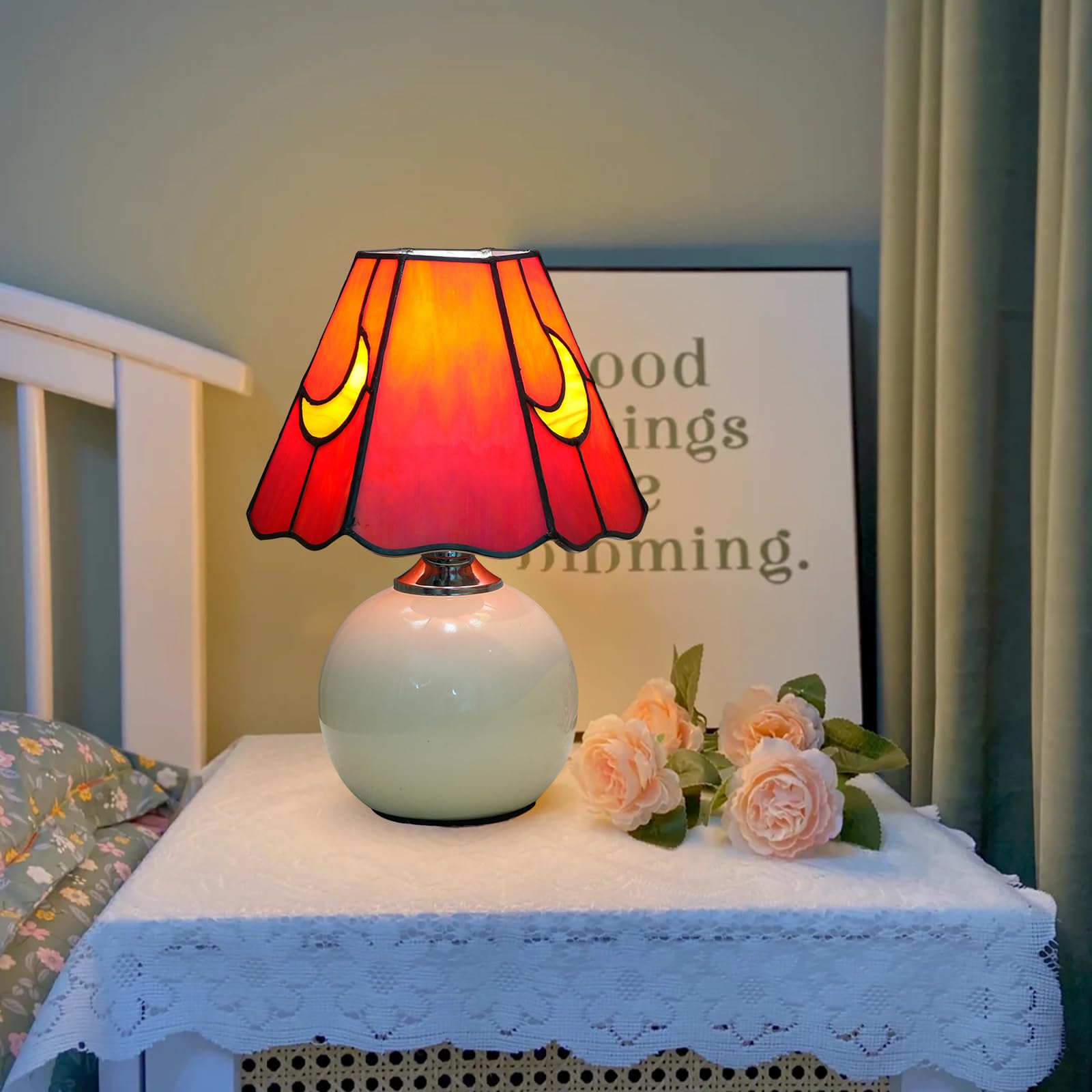KIPHEPI Mushroom Lamp Tiffany Stained Glass Table Lamp Moon Mushroom-Red Model OFU1208 for Home Decor and Gifts