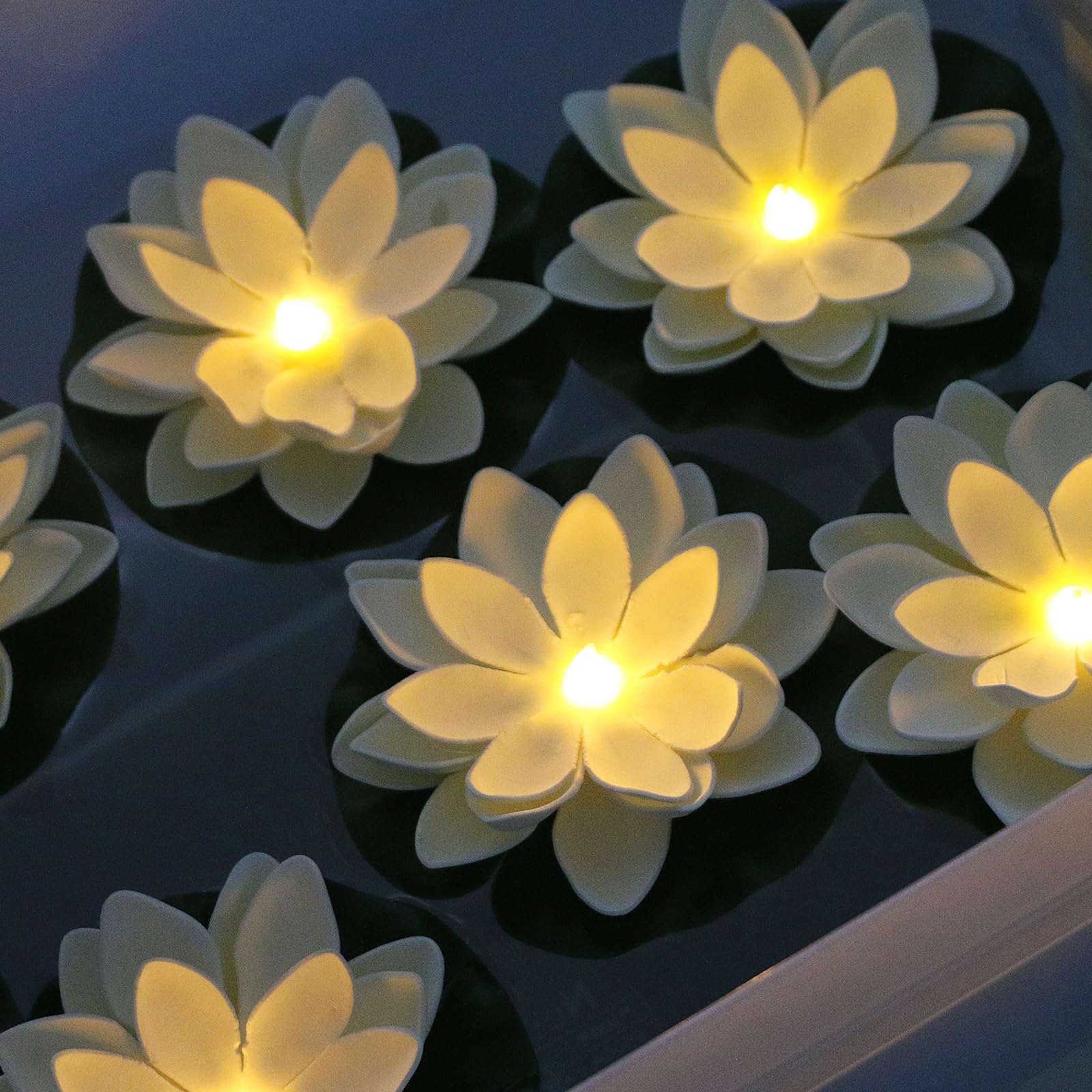 Lacgo 12 Pcs Waterproof Floating Lotus Light - Floating Flower Light Battery Operated Water Activated Warm White Pool Flower Lamp Wedding,Anniversary,Garden Decoration