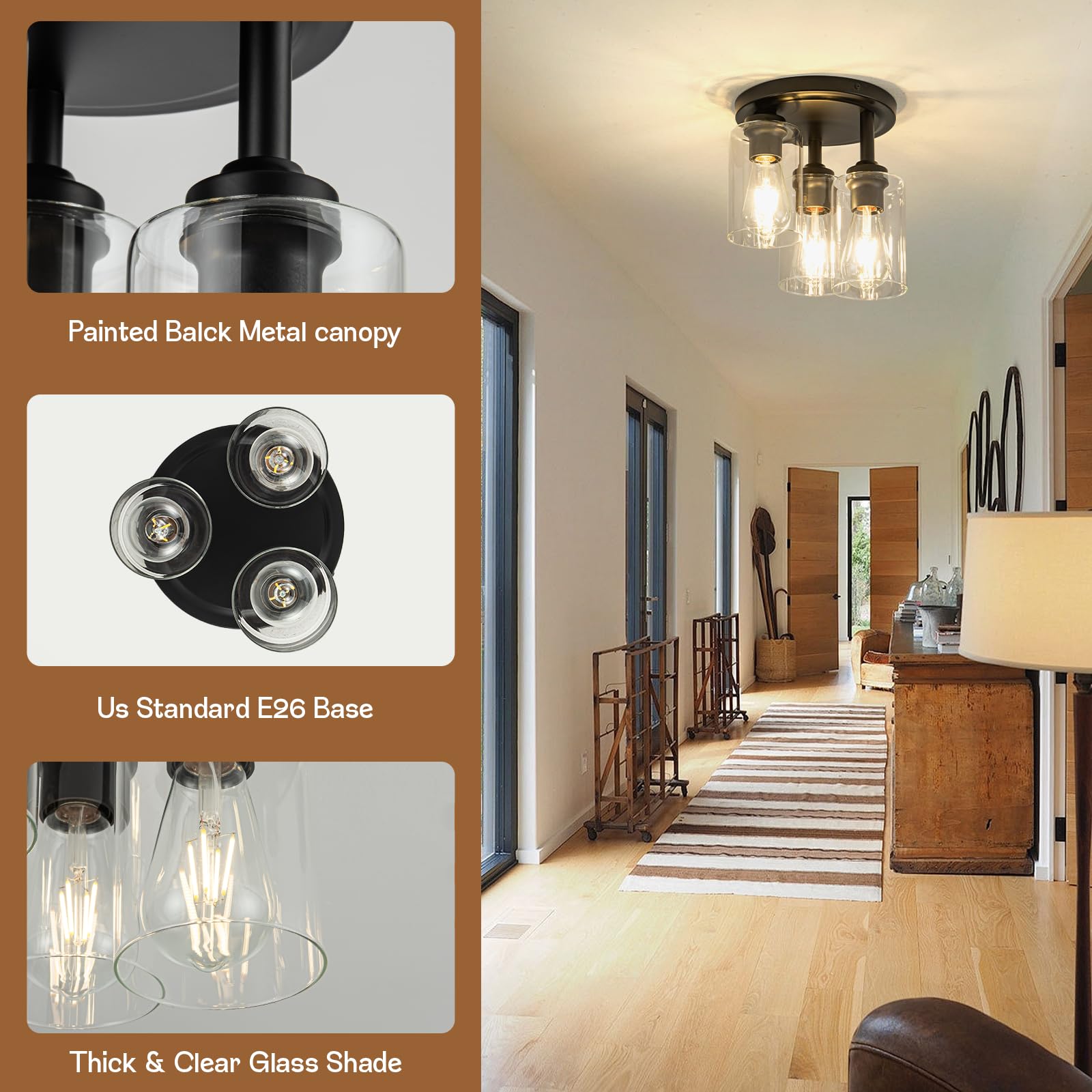 Mayful Semi Flush Mount Ceiling Light, 3-Light Black Metal Fixture, Clear Glass Shade, Model CL-50246-3X, Ideal for Kitchen & Hallway