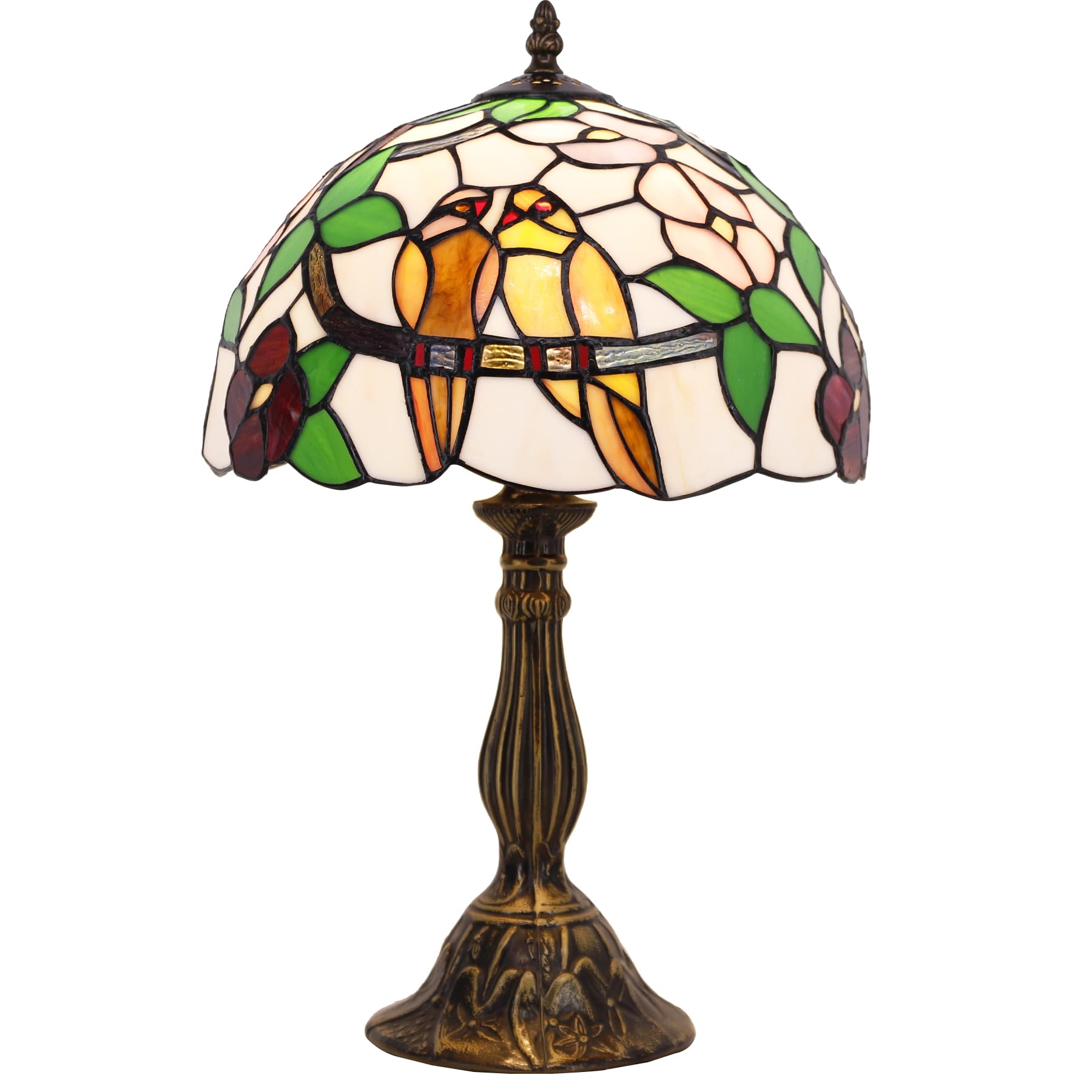 WERFACTORY Tiffany Table Lamp, Stained Glass Bedside Light, 12x12x18 Inches, Double Tropical Birds S803 Series