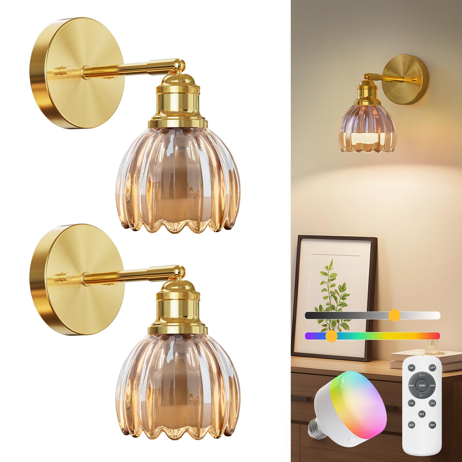 NIORSUN Battery Operated Wall Sconce Set of 2, Amber, 5200mAh Rechargeable, Dimmable Detachable Bulbs, Model 16272LGTF