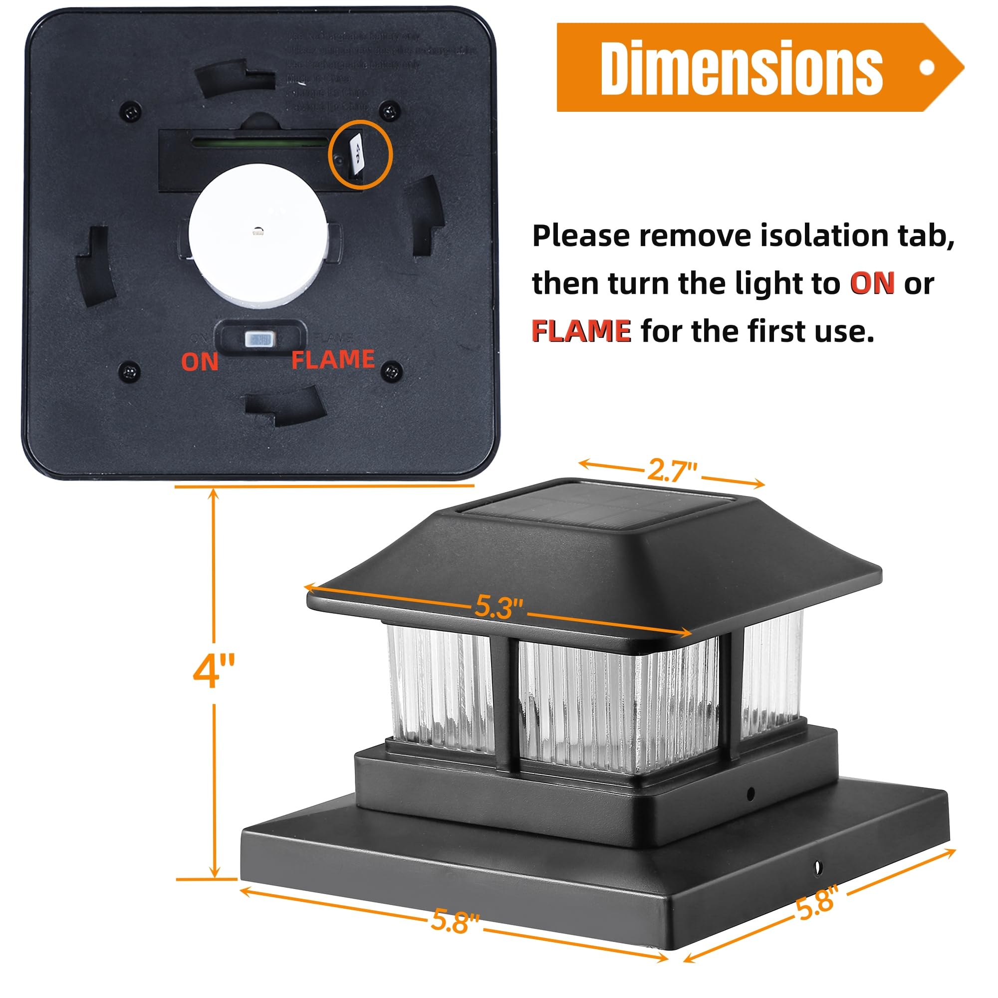 Dynaming Solar Flame Post Cap Lights Outdoor, Solar Powered Fence Post Light, Flickering Flame Led Lantern Lamps Waterproof For