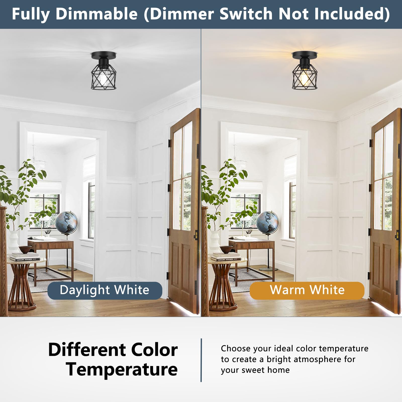 FadimiKoo Semi Flush Mount Ceiling Light, Black Metal Cage, 2-Pack, Indoor Fixtures for Kitchen, Porch, Bedroom