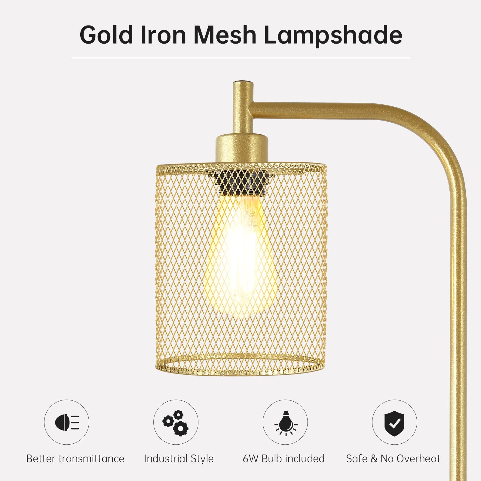 BoostArea Industrial Gold Floor Lamp, 67 Inch LED, Metal with Iron Mesh Lampshade, 6W for Living Room, Bedroom, Office