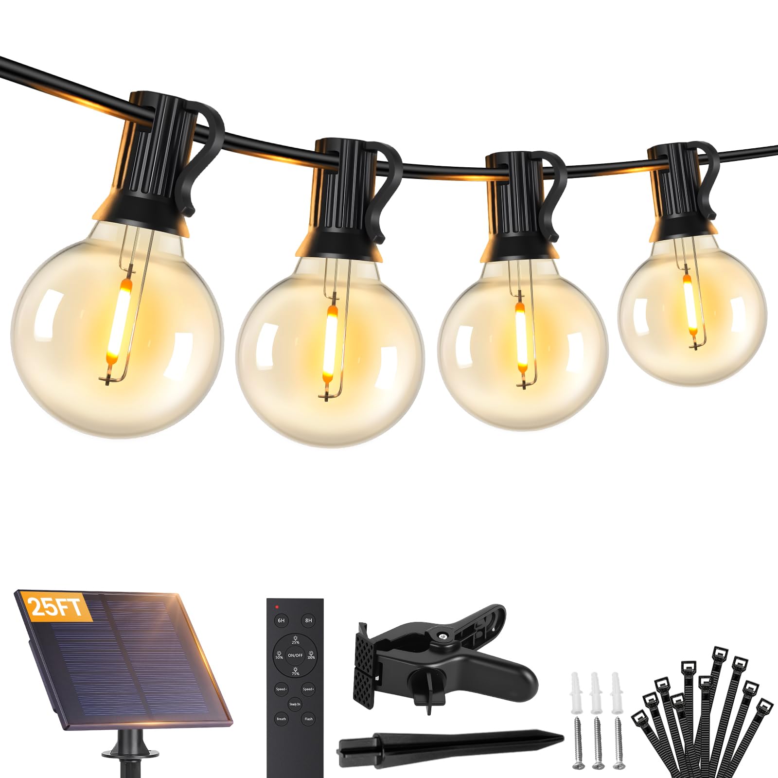 Brightever 25FT Solar String Lights Outdoor Waterproof, G40 Solar Lights with Remote and 10+1 LED Shatterproof Globe Bulbs, Dimm