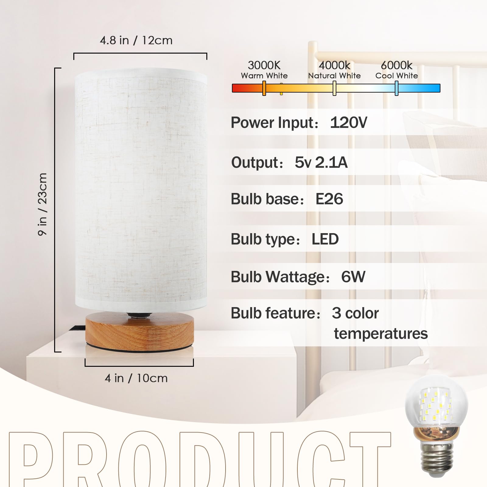 SEENSINY Cream Small Bedside Table Lamp - Dimmable Minimalist Nightstand Lamp with 3 Color Temperatures for Reading & Living Room