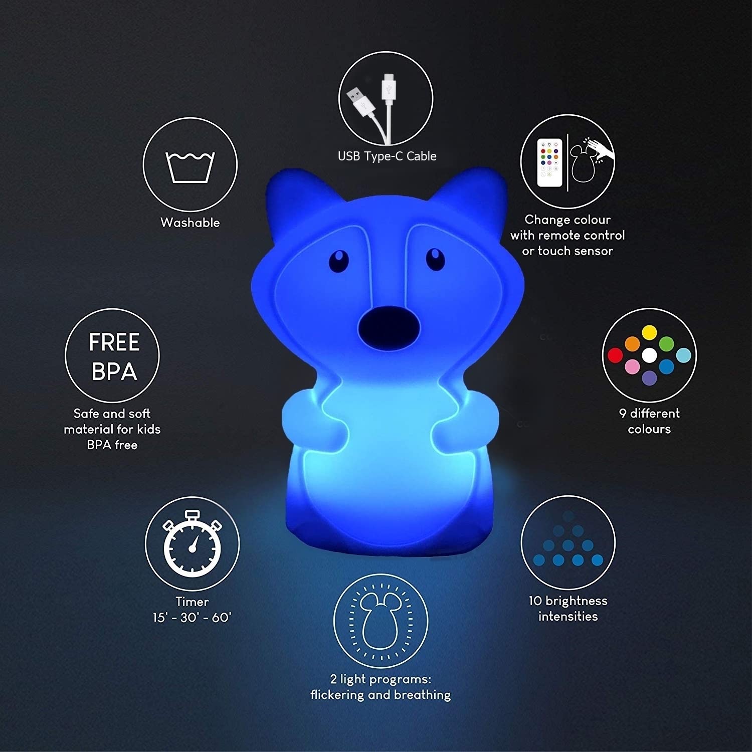 Glinrui Large Fox Night Lights for Kids, Silicone Night-Light, Bedside lamp, 9 Colors Baby Sleep Light Childrens Bed Bedroom La