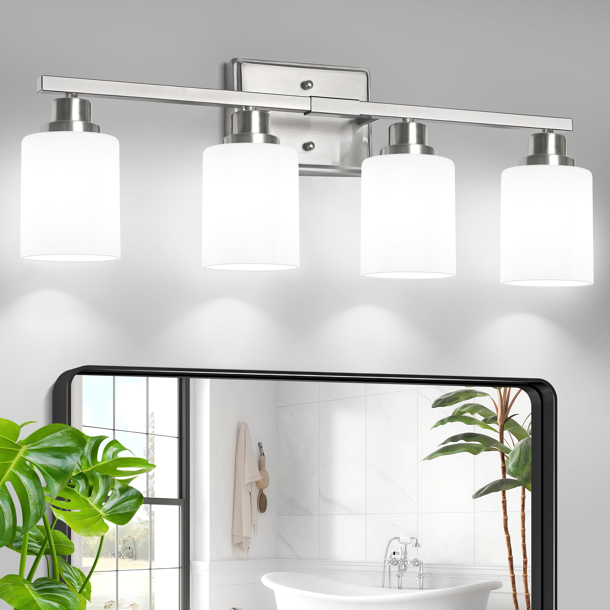 Unicozin 4-Light Bathroom Light Fixtures  Modern Brushed Nickel Vanity Light Over Mirror  Wall Sconces with Milky White Glass Shades for Living Room Bedroom Hallway E26 Base