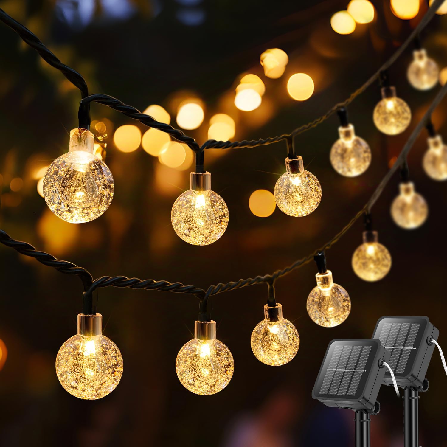 Metaku Solar String Lights 72FT 120 LED Warm White Outdoor Lights 2 Pack, Plastic, 8 Lighting Modes for Garden, Camping, Party