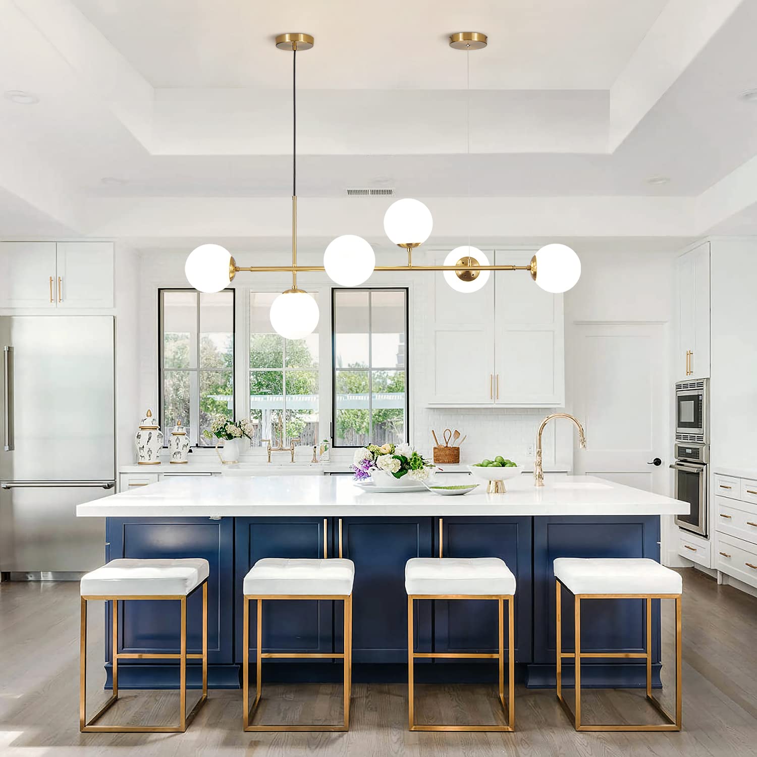 KCO 6 Light Modern Globe Chandelier - White & Gold Metal Pendant Light Fixture, Mid Century Rectangle Design, Model L1039-white