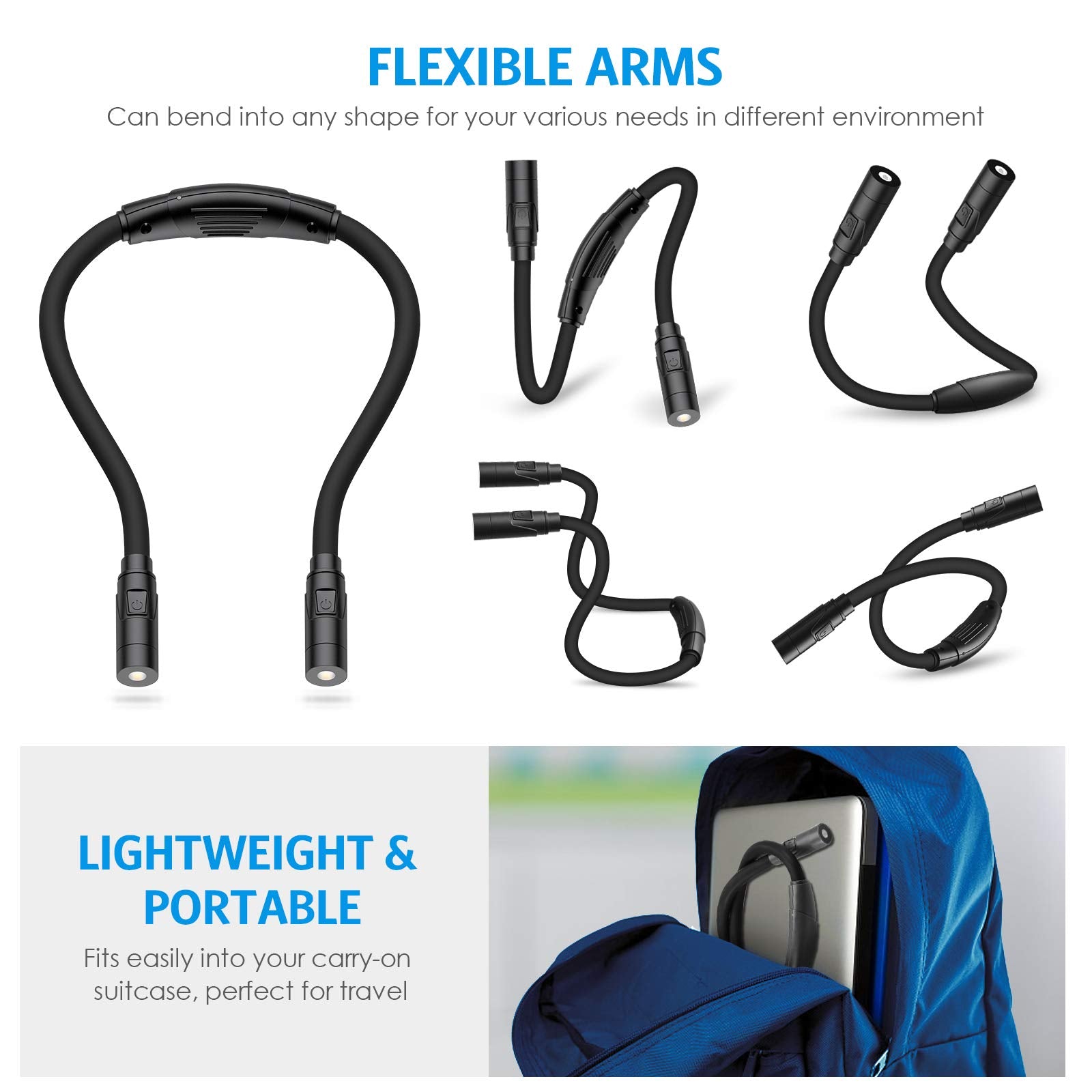 AMIR Upgraded LED Neck Reading Light, Book Light for Reading in Bed, 3 Colors, Brightness Adjustable, Bendable Arms, Rechargeabl