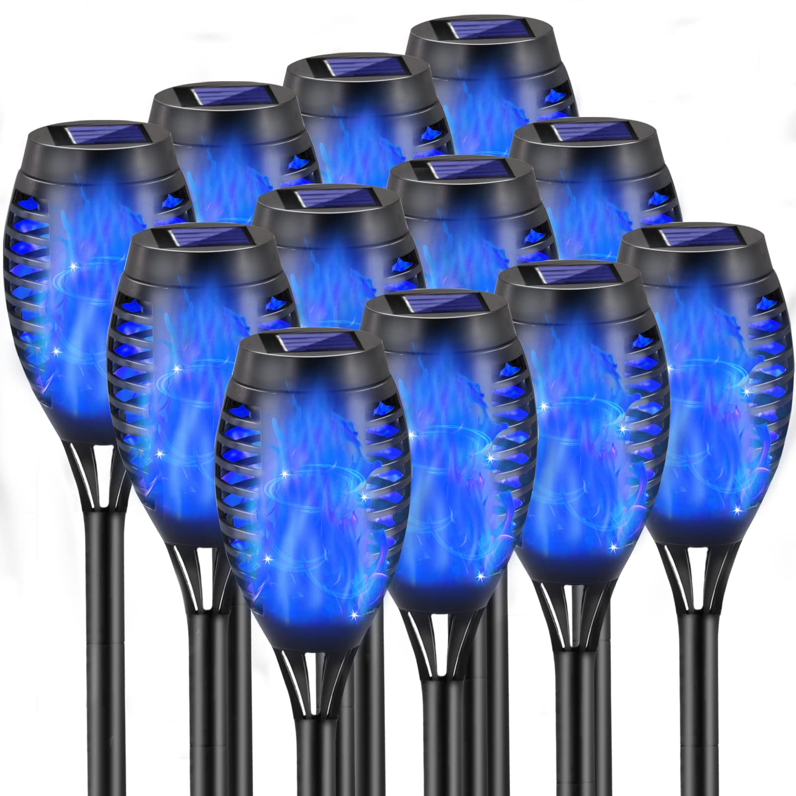 Cocomox 12 Pack Outdoor Solar Lights - Blue Flickering Flame Tiki Torches For Garden Pathway