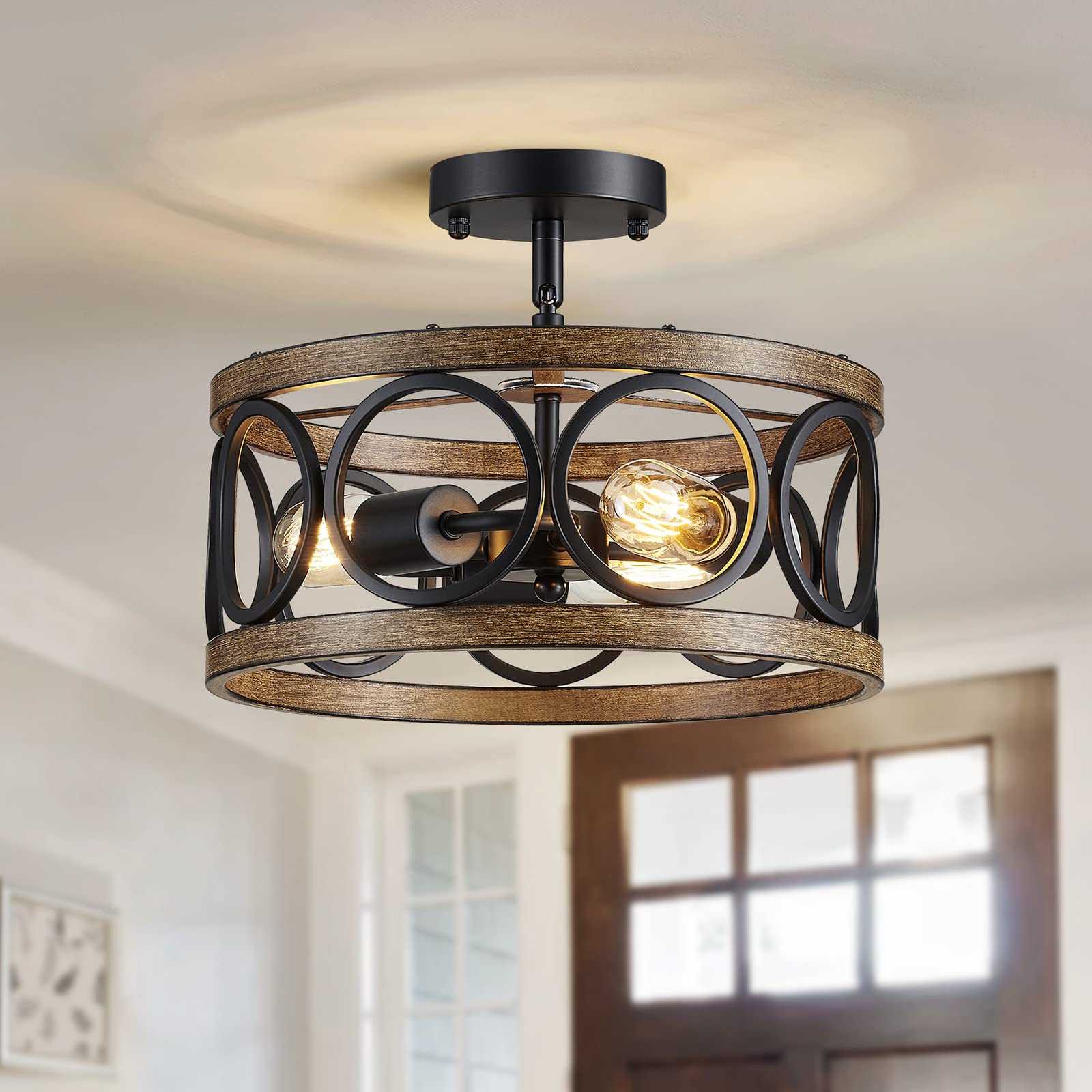 Xingqi Semi Flush Mount Ceiling Light Fixture Modern 3-Light Farmhouse Ceiling Lights For Bedroom Living Room Dining Room Entry Hallway Foyer 13" Black And Wood Grain Finish