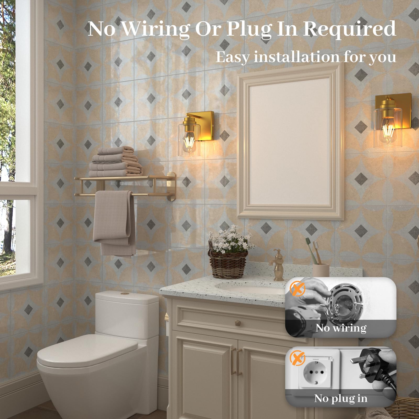 ThyFenno Dimmable Wall Sconce Set of 2, Rechargeable, Touch Control, Brass, Model TF-1T T2L