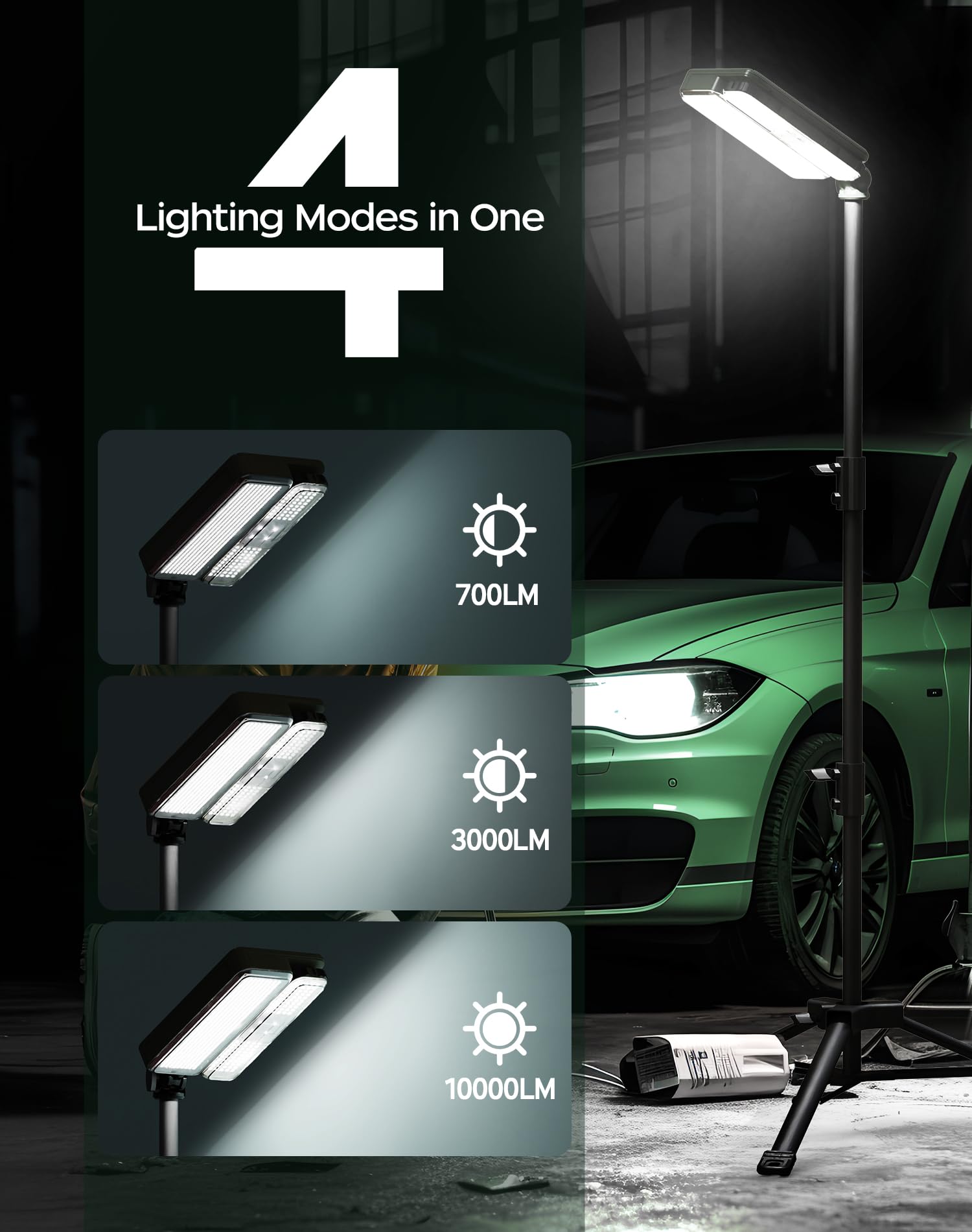 Kialush 10000Lm Dimmable Rechargeable Work Light, 15000Mah Work Light 72'' Telescopic With 2 Separate Lights, 2 Charge Ways Type