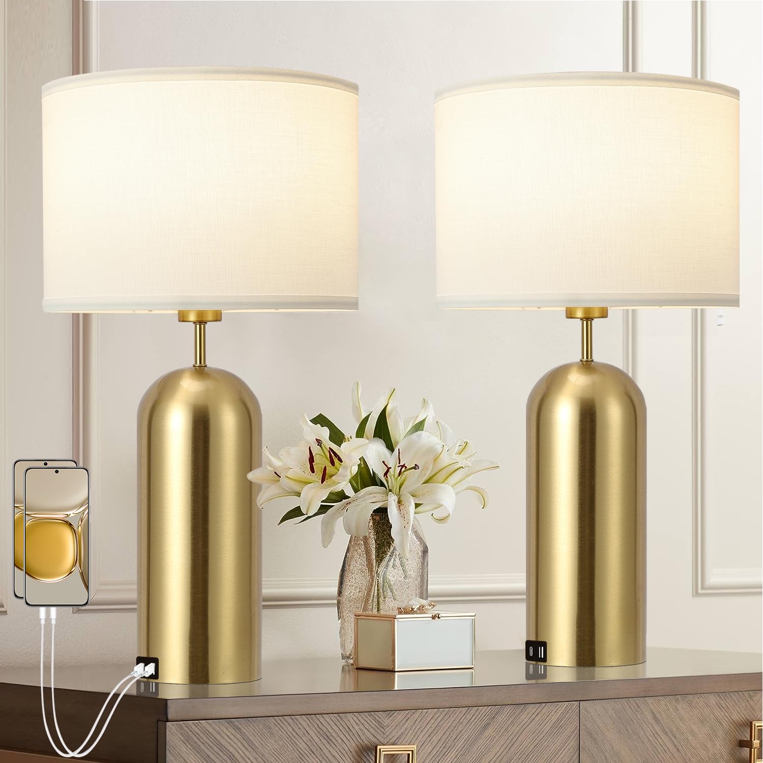 MoMyofdy Gold Table Lamps Set of 2 Touch Control 3-Way Dimmable 22IN USB Ports Modern Bedroom Nightstand Lamps QL5067-L