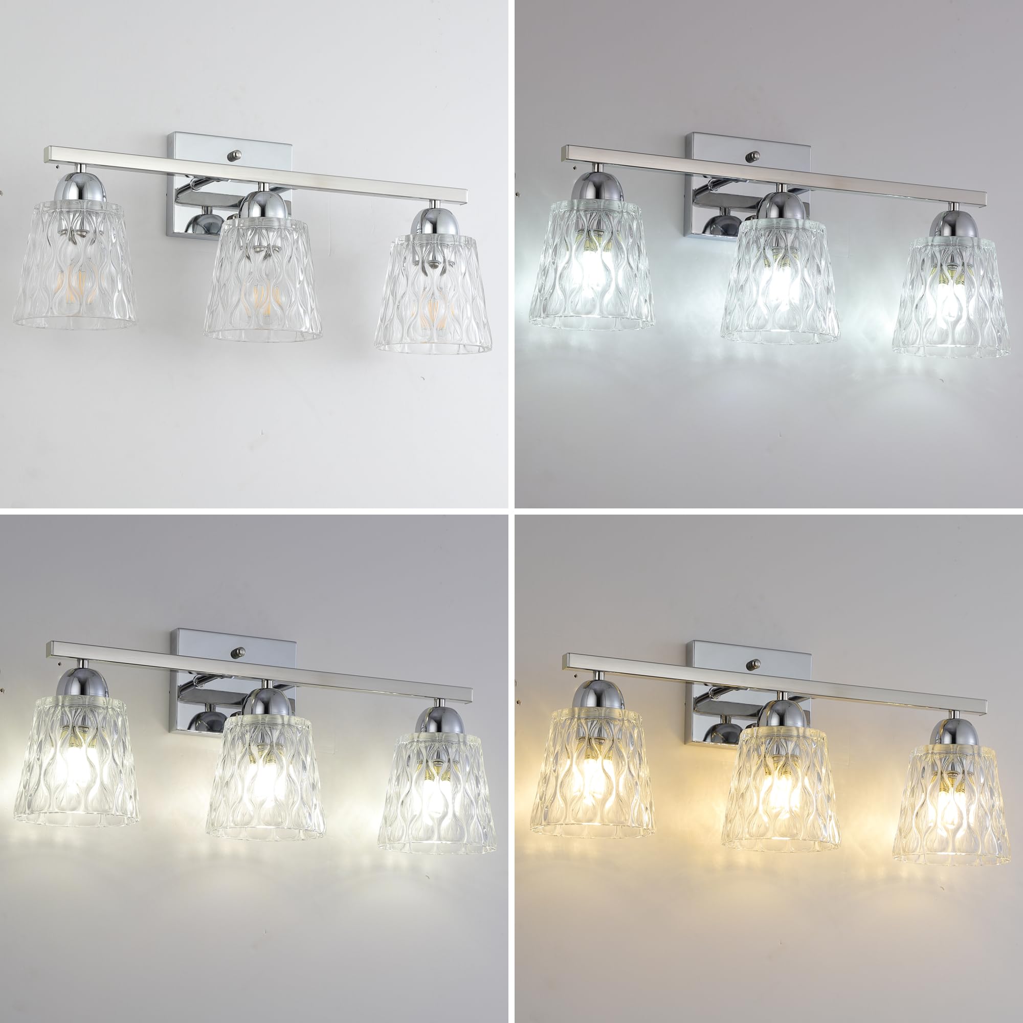 Mecgirn Stainless Steel 3-Light Bathroom Vanity Light, Silver Chrome with Textured Glass Shades, Modern Wall Mount Over Mirror