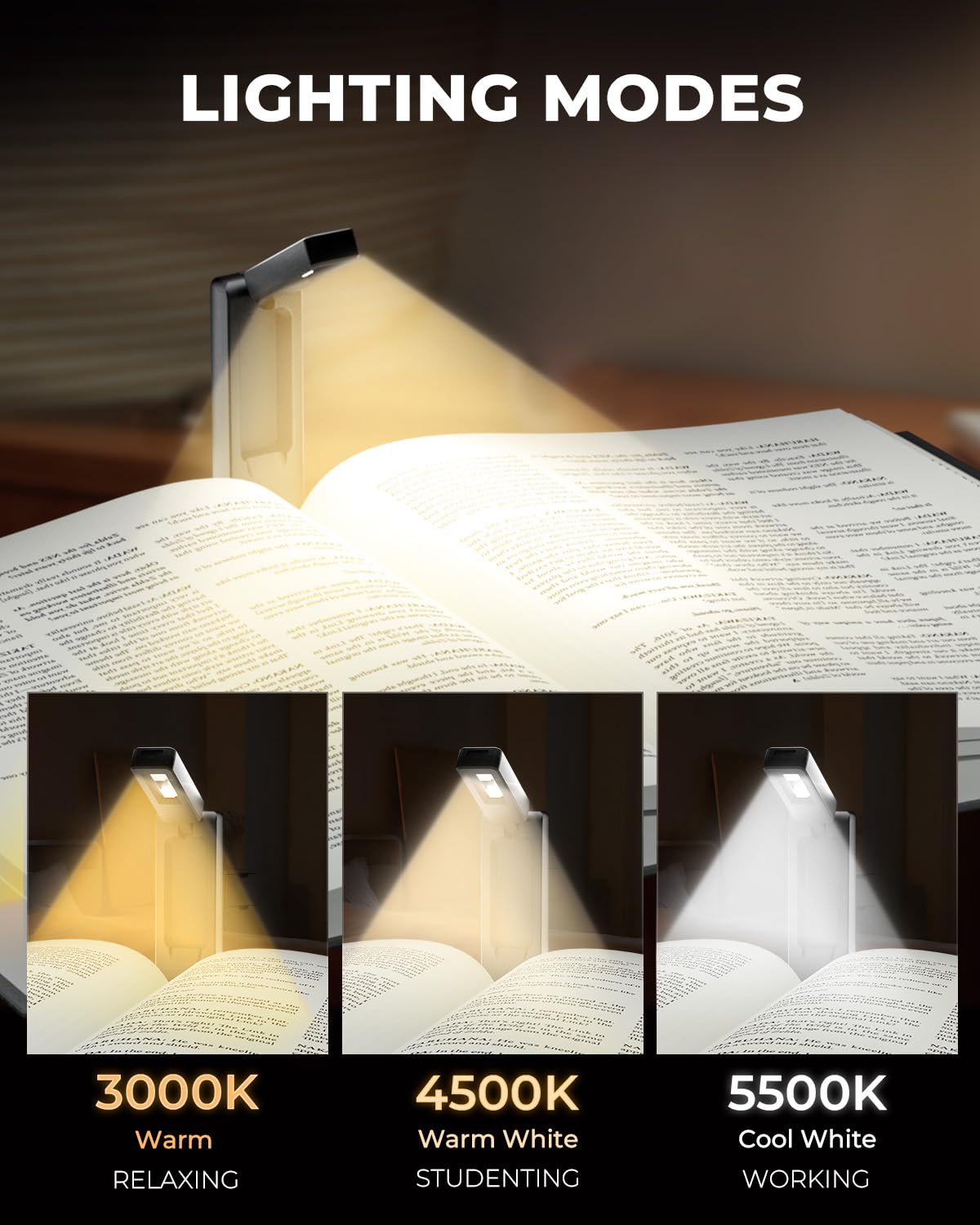 Lucarni Reading Light,Foldable Book Light,3 Color & Stepless Dimming Book Light for Reading at Night,700mAh Battery for Long-Las