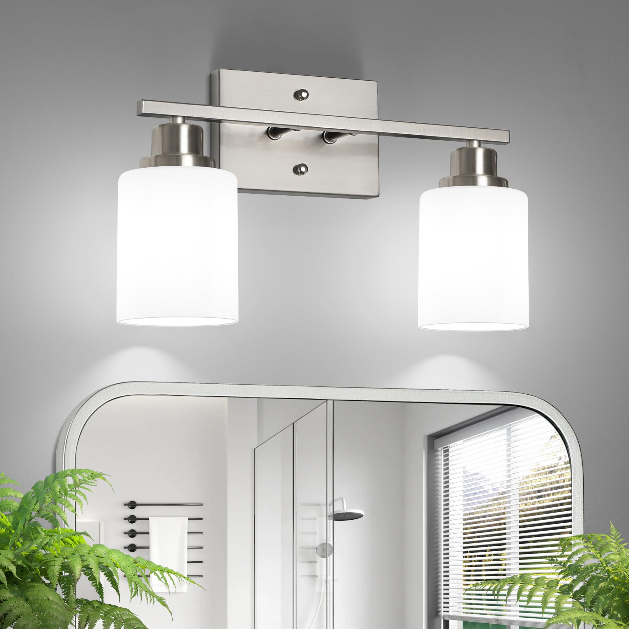 Ascher Bathroom Light Fixtures  2-Light Vanity Light Over Mirror  Brushed Nickel Wall Sconces with Milky White Frosted Glass Shades  Wall Lamp for Living Room Bedroom  E26 Base(Bulbs Not Included)