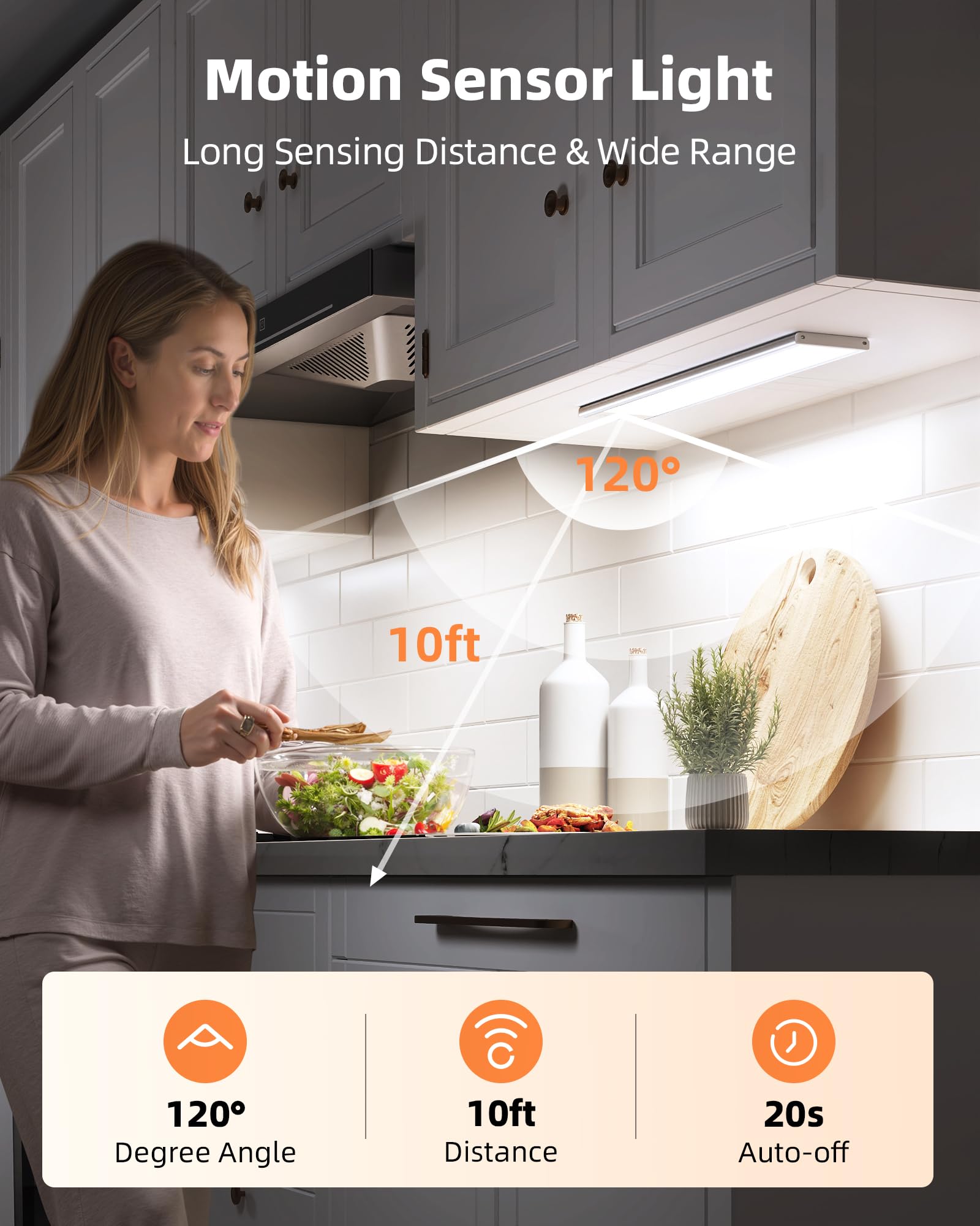 EZVALO Under Cabinet Lighting - 200LM Wireless Motion Sensor Light, 12" Aluminum, Dimmable, 2 Pack, Rechargeable Battery, Indoor Use