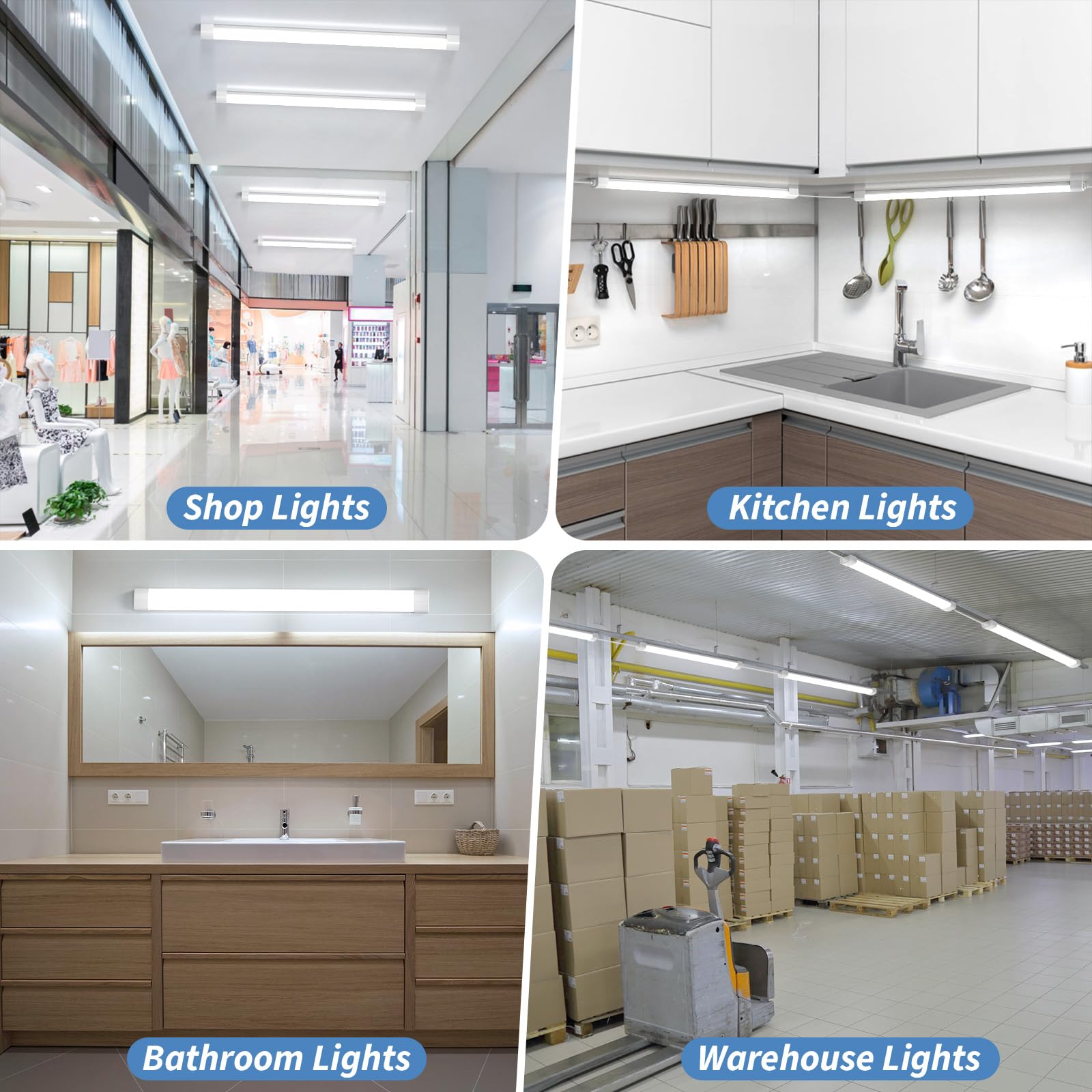 Airand LED Shop Light 4FT, 36W, 5000K, Utility Linkable, White, Aluminum, Corded with Plug and ON/Off Switch