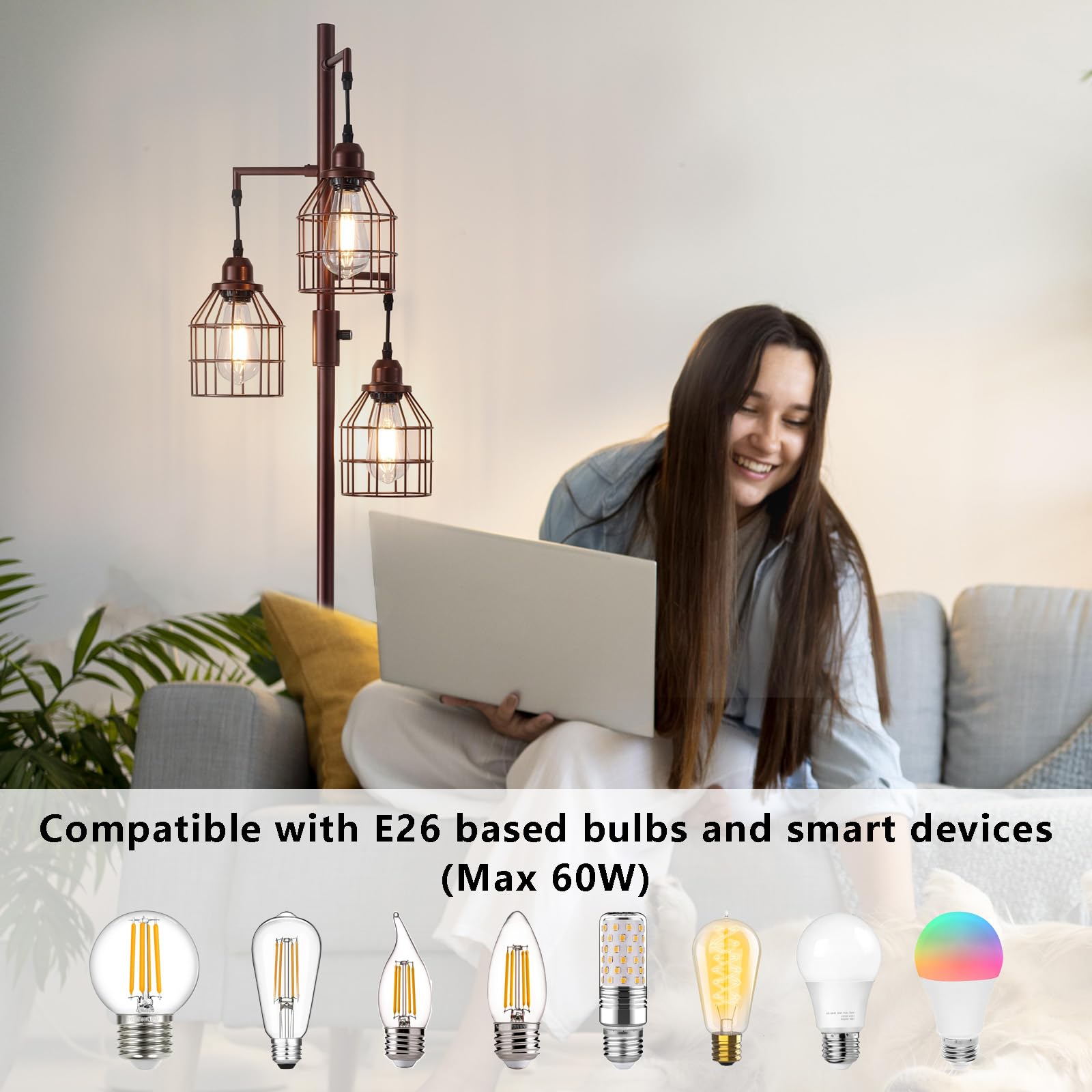 9Mmml Floor Lamp For Living Room, Farmhouse Industrial Dimmable Floor Lamp, 3 Lights Metal Cage Tree Standing Lamp,68'', 3Pcs Le