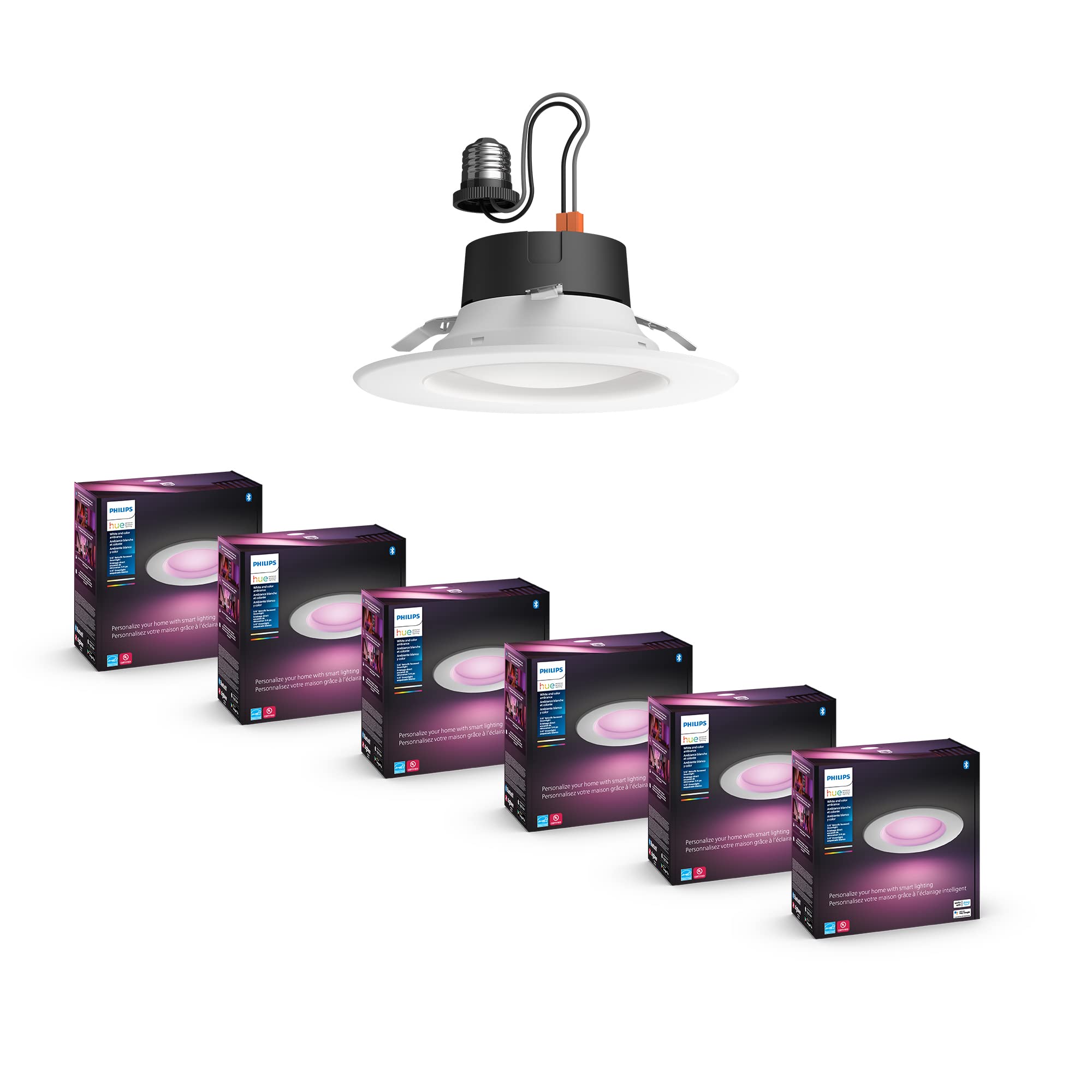 Philips Hue White and color Ambiance Extra Bright High Lumen Dimmable LED Smart Retrofit Recessed 6&quot; Downlight Compatible with Amazon Alexa Apple HomeKit and Google Assistant, 6-Pack