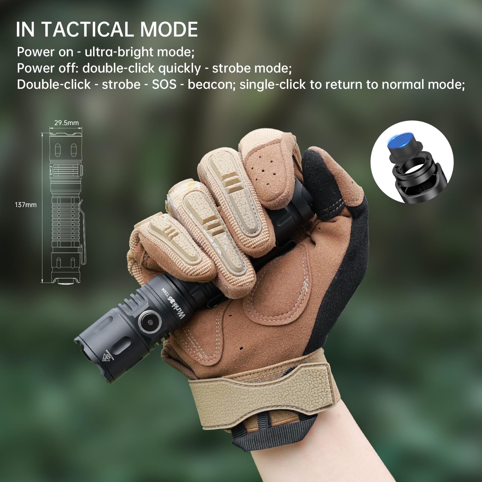 Wurkkos TD04 Tactical Flashlight, 3000 Lumens, Rechargeable, LED, 6061 Aluminum, Black, EDC for Camping & Emergency