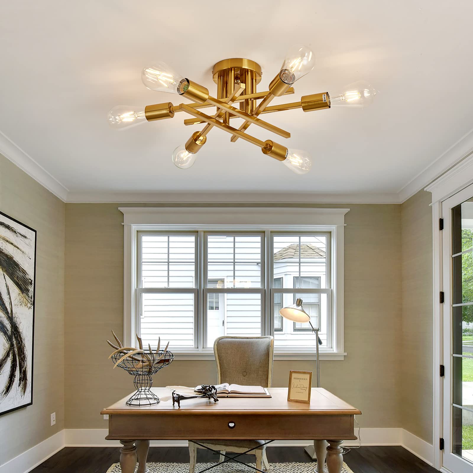 Asgyisa 6-Lights Semi Flush Mount Ceiling Light Fixture Gold Modern Matte Sputnik Chandelier Vintage Ceiling Lamp Farmhouse For