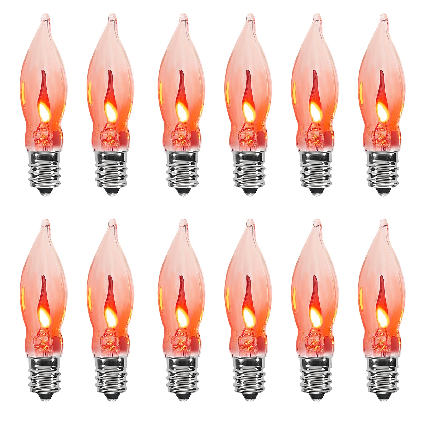 Abeja Flicker Flame Light Bulb 12 Pack, Realistic Flame Shape, 1W, 120V E12, Glass, C18, Orange for Indoor/Outdoor Decor