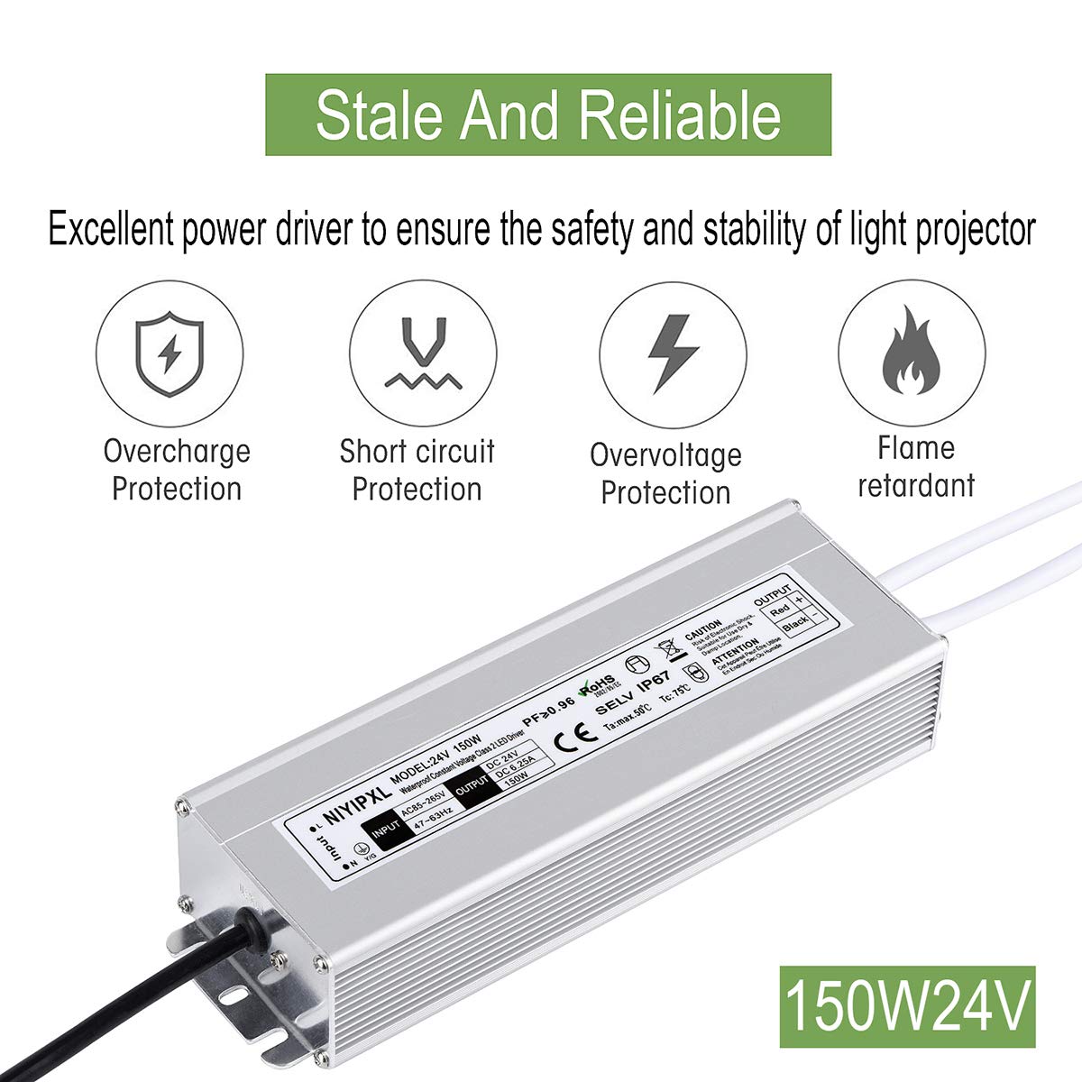 Led Driver 150 Watts 24V Dc Low Voltage Transformer, Waterproof Ip67 Led Power Supply, Adapter With 3-Prong Plug 3.3 Feet Cable