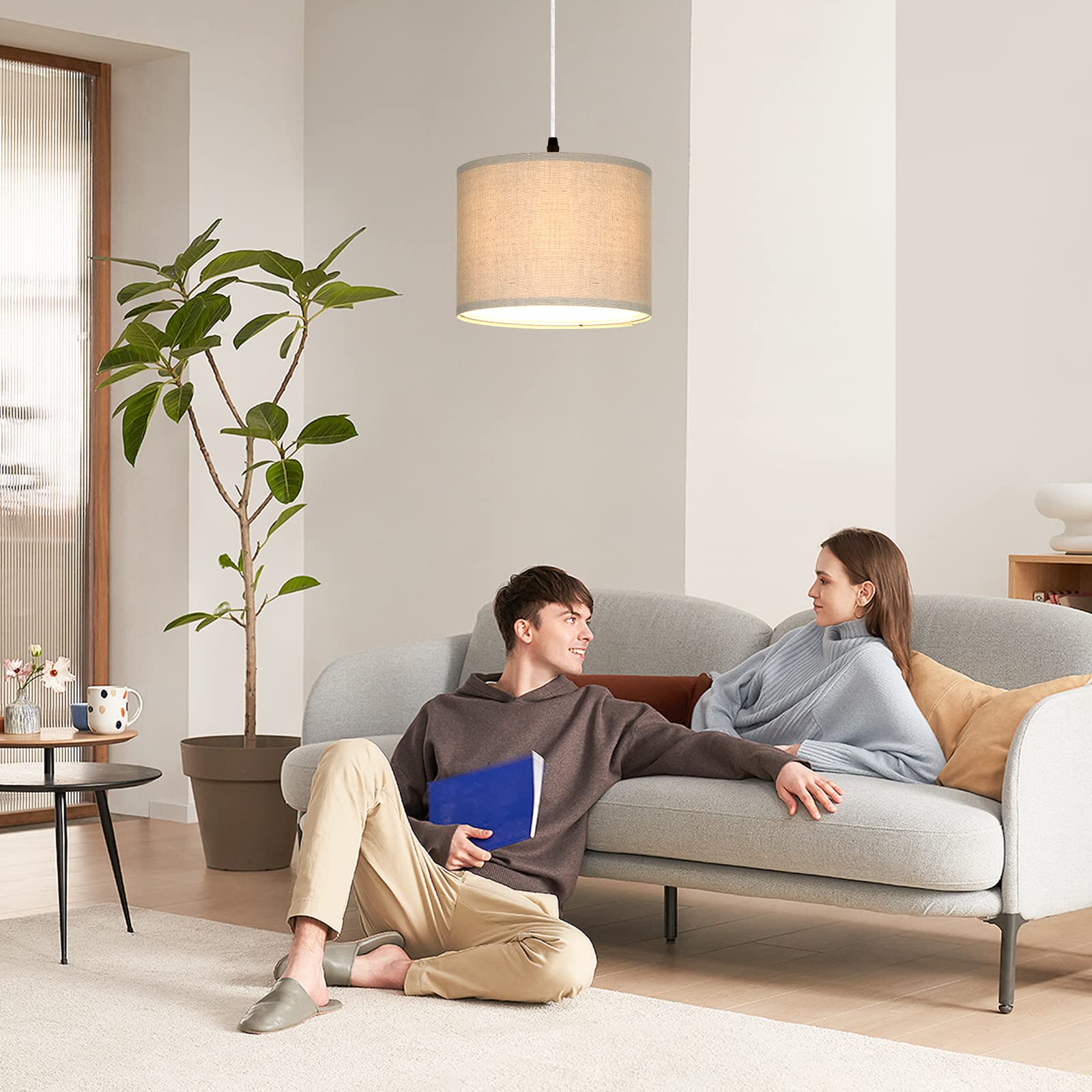 Cinsary Plug In Pendant Light, Hanging Light With Plug In Cord With Dimmable Switch, Hanging Lamp With 15 Ft Clear Cord, Linen P