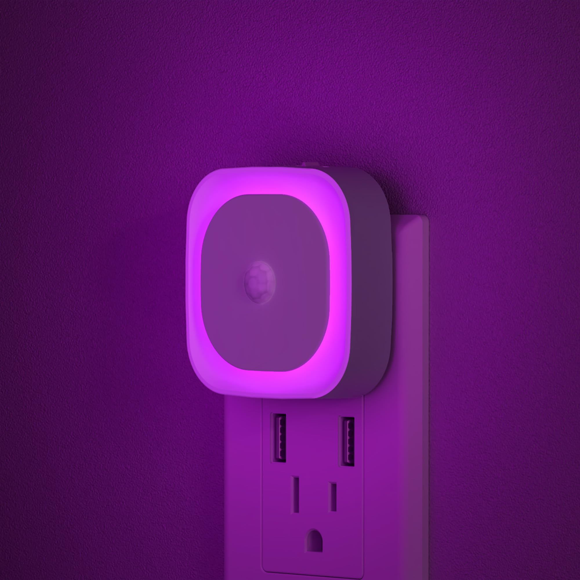 YUNLEX 2 Pack Plug in Night Light with Motion Sensor & Dusk to Dawn Sensor, 3 Sensor Modes, Purple Night Lights Plug into Wall, 