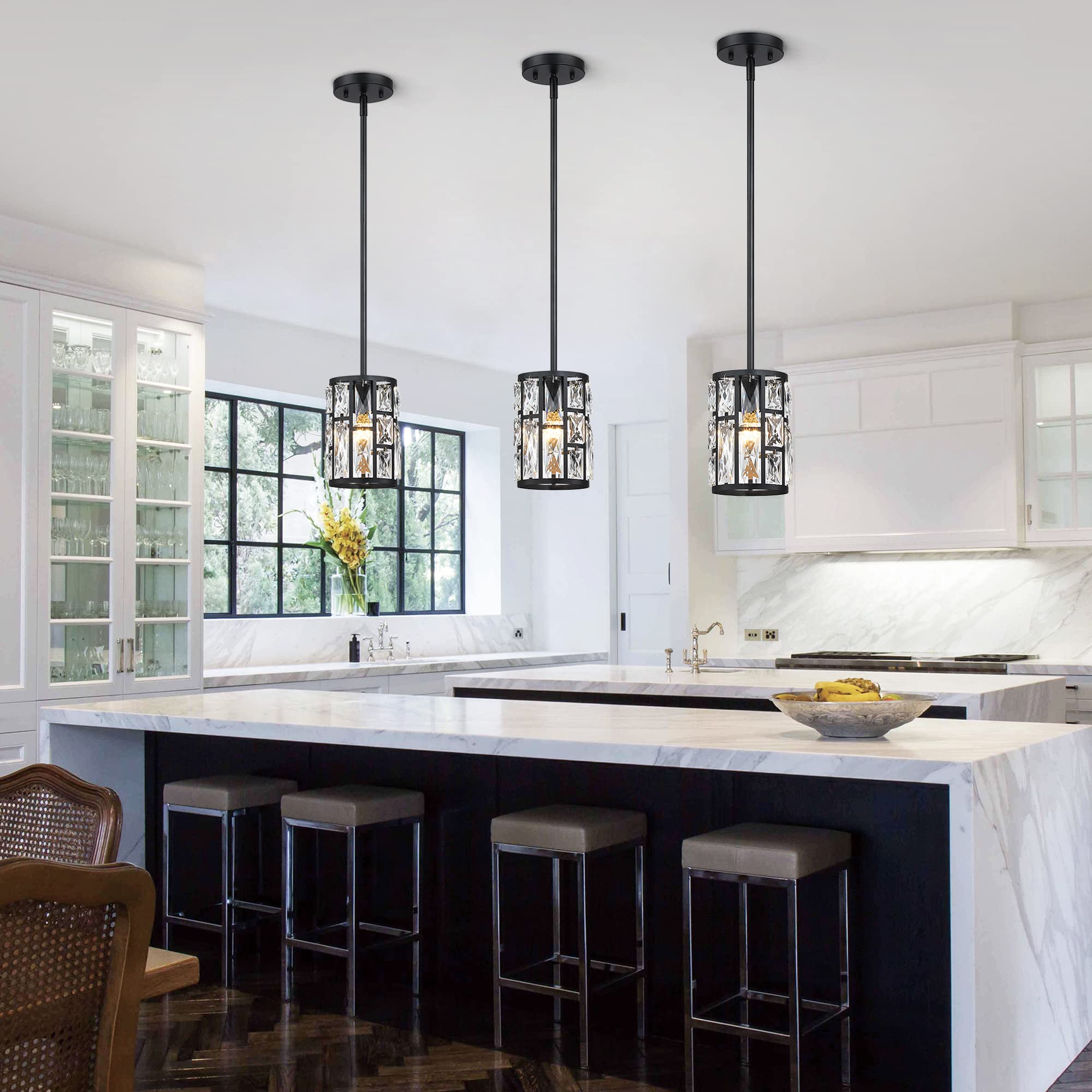 MEXO Modern Crystal Pendant Light Fixture 3-Pack, Matte Black Iron Chandelier for Living Room, Kitchen, Hallway, Model 735626652912