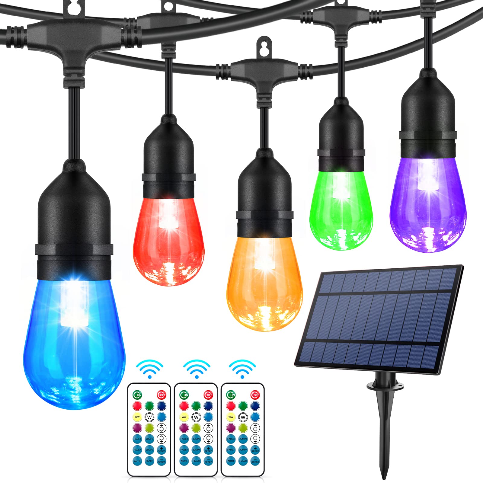 WENFENG 2-Pack 48FT Solar Outdoor RGB LED String Lights, Dimmable Patio String Lights with Shatterproof Edison Bulbs, Remote, Commercial Solar String Lights for Cafe, Patio, Yard, Party