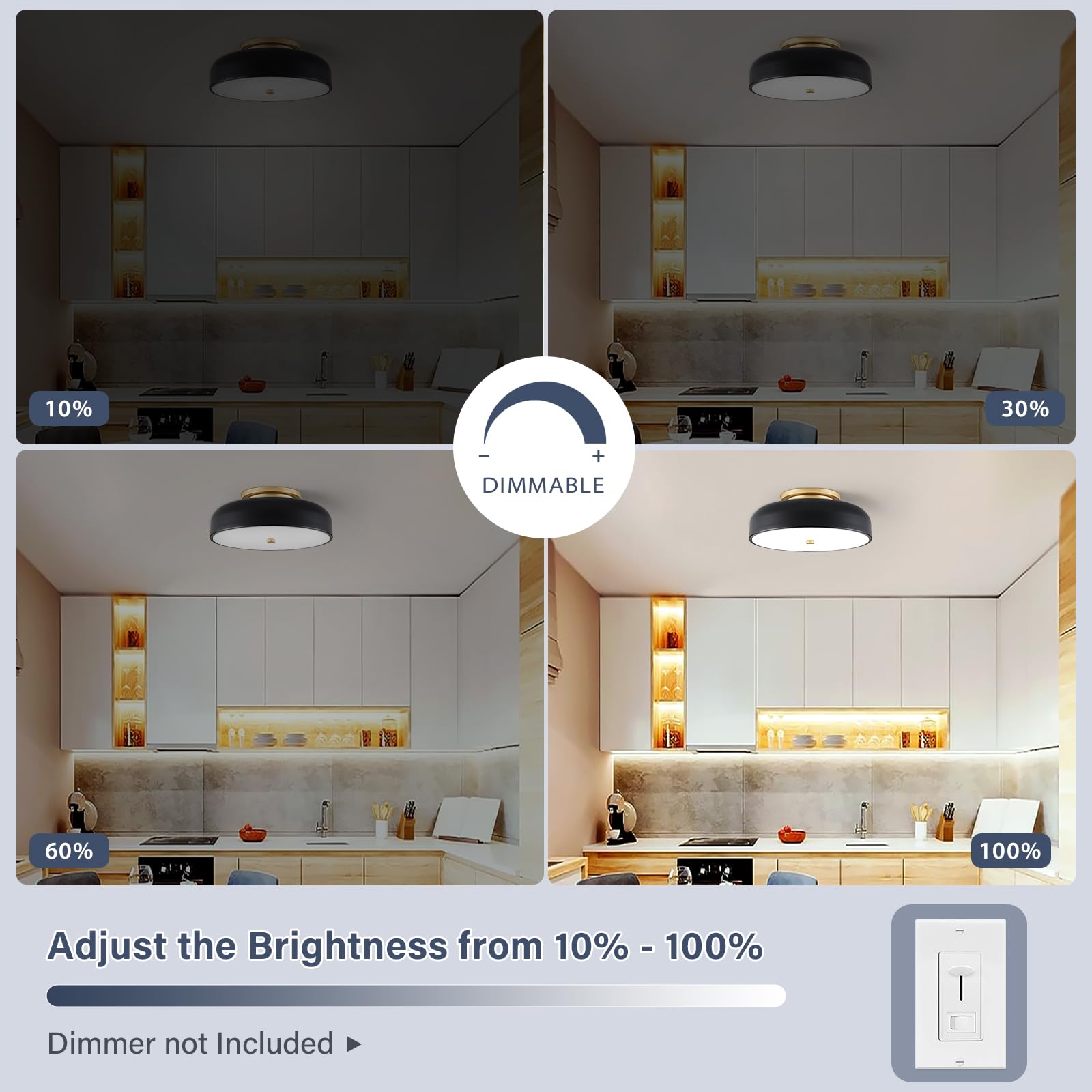 Zuyurt Dimmable Modern Led Ceiling Light,Mid-Century Black And Gold Semi Flush Mount Ceiling Light, With Acrylic Shade, 5Cct 270