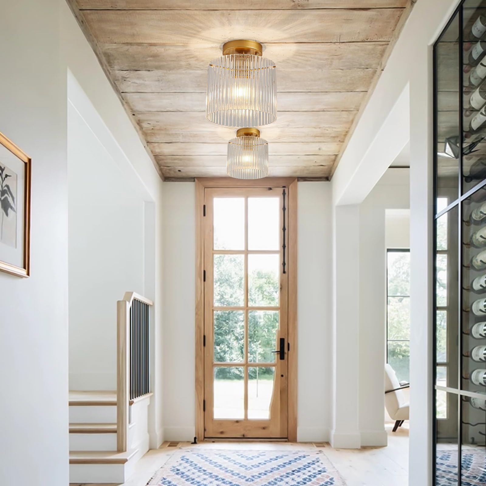 wochos Modern Semi Flush Mount Ceiling Light, Glass, Gold, Model JWY-J8026X, Ideal for Entryway, Hallway, Kitchen, Dining Room