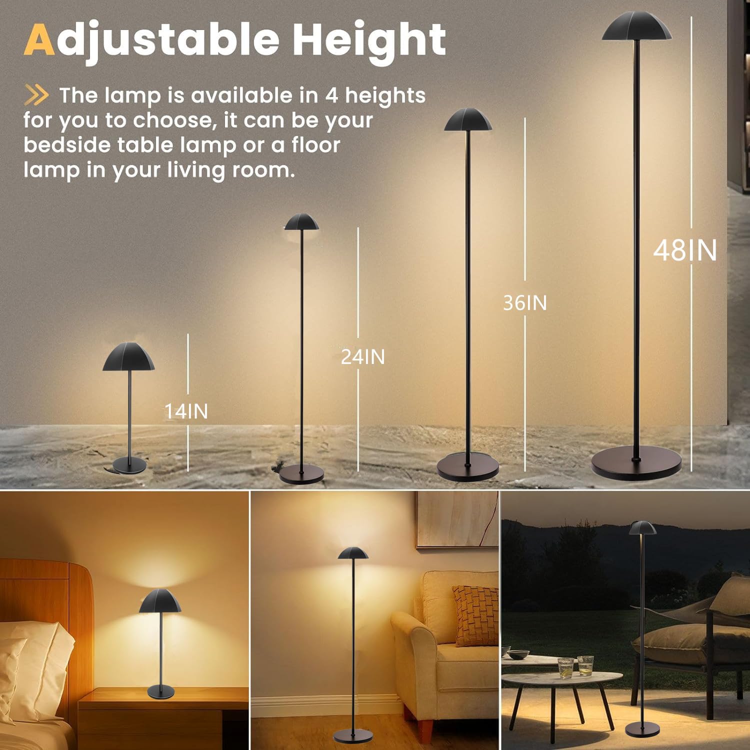 NOTOC LED Cordless Floor Lamp, Adjustable Height, Waterproof, Black, Model LDD-01, Ideal for Outdoor and Indoor Use