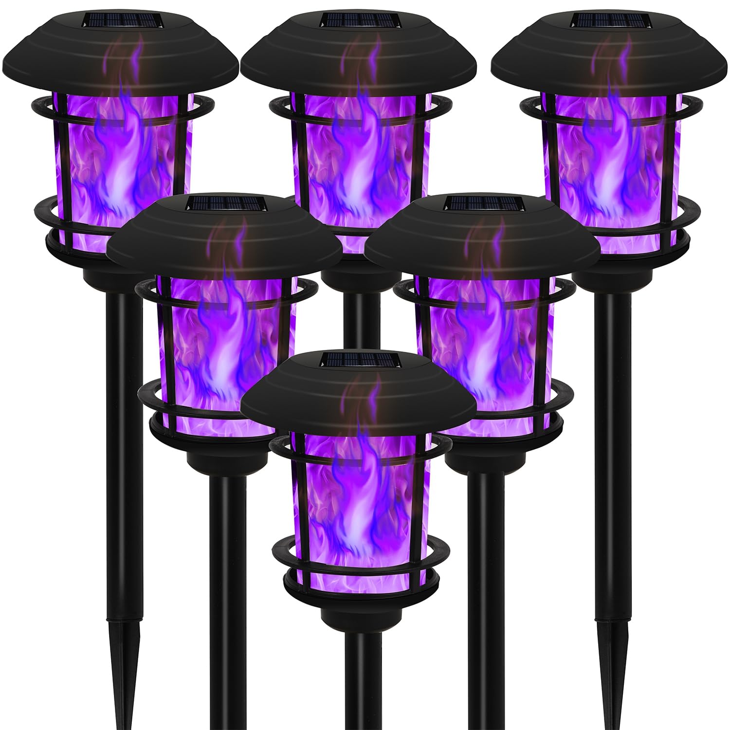 Dynaming 6 Pack Solar Flame Torch Lights Outdoor, Dual Use Flickering Purple Flame Garden Light, Hanging Lantern, Auto On/Off & Waterproof Halloween Lighting For Lawn Patio Yard Walkway Driveway