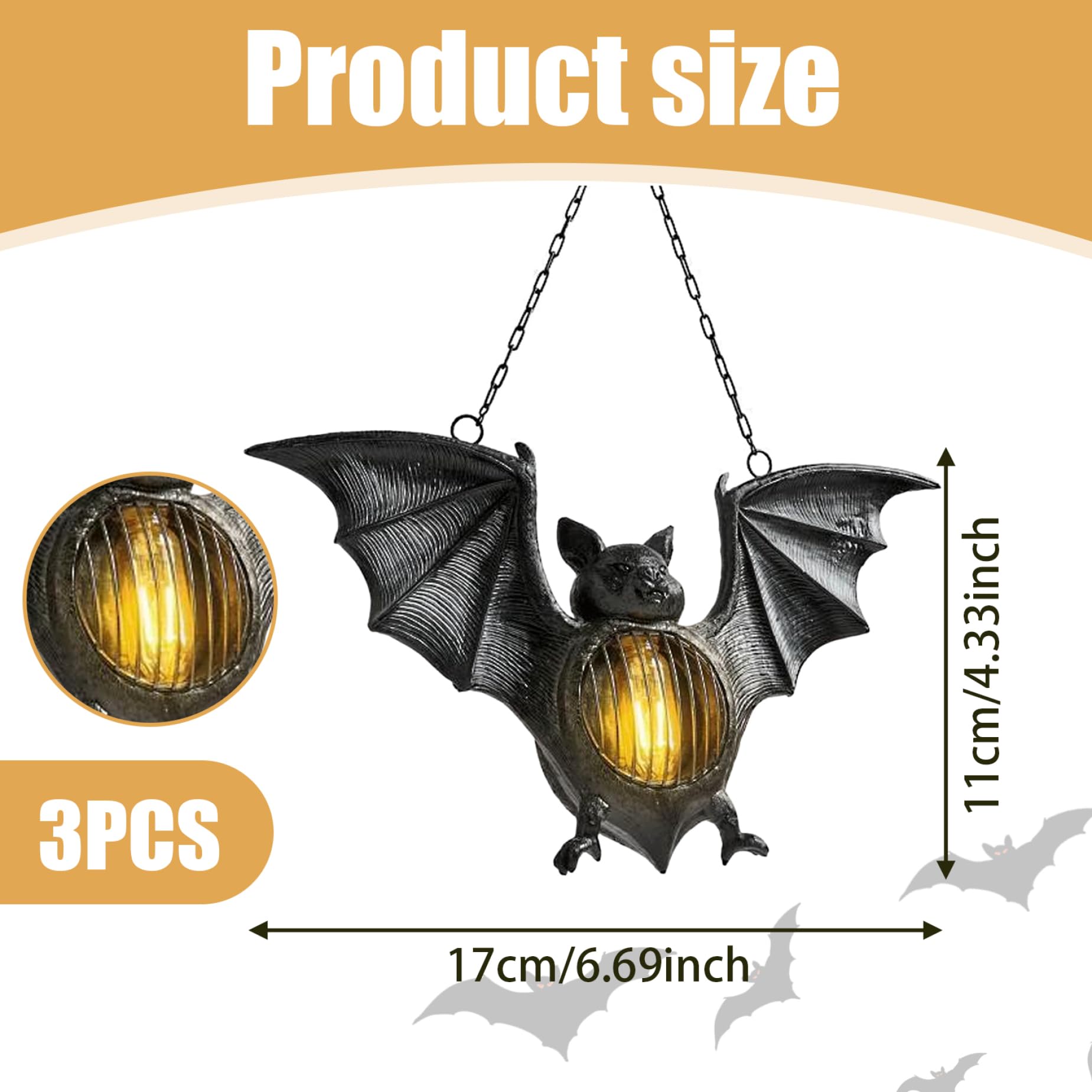 Bat Lights 3 Pcs Halloween Lantern Easy Hanging Creepy Bat Light Outdoor LED Bat Figurine Decor Light up Haunted House Wall Lamp