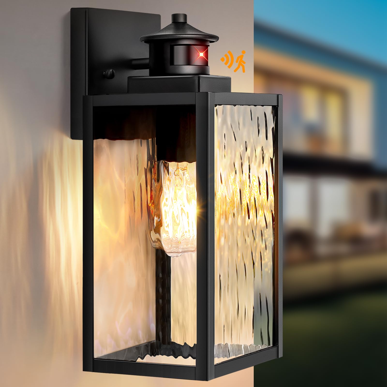13.6'' Motion Sensor Outdoor Wall Sconce Lantern, Exterior Waterproof Wall Lights Fixtures with Water-Rippled Glass, Black Outsi
