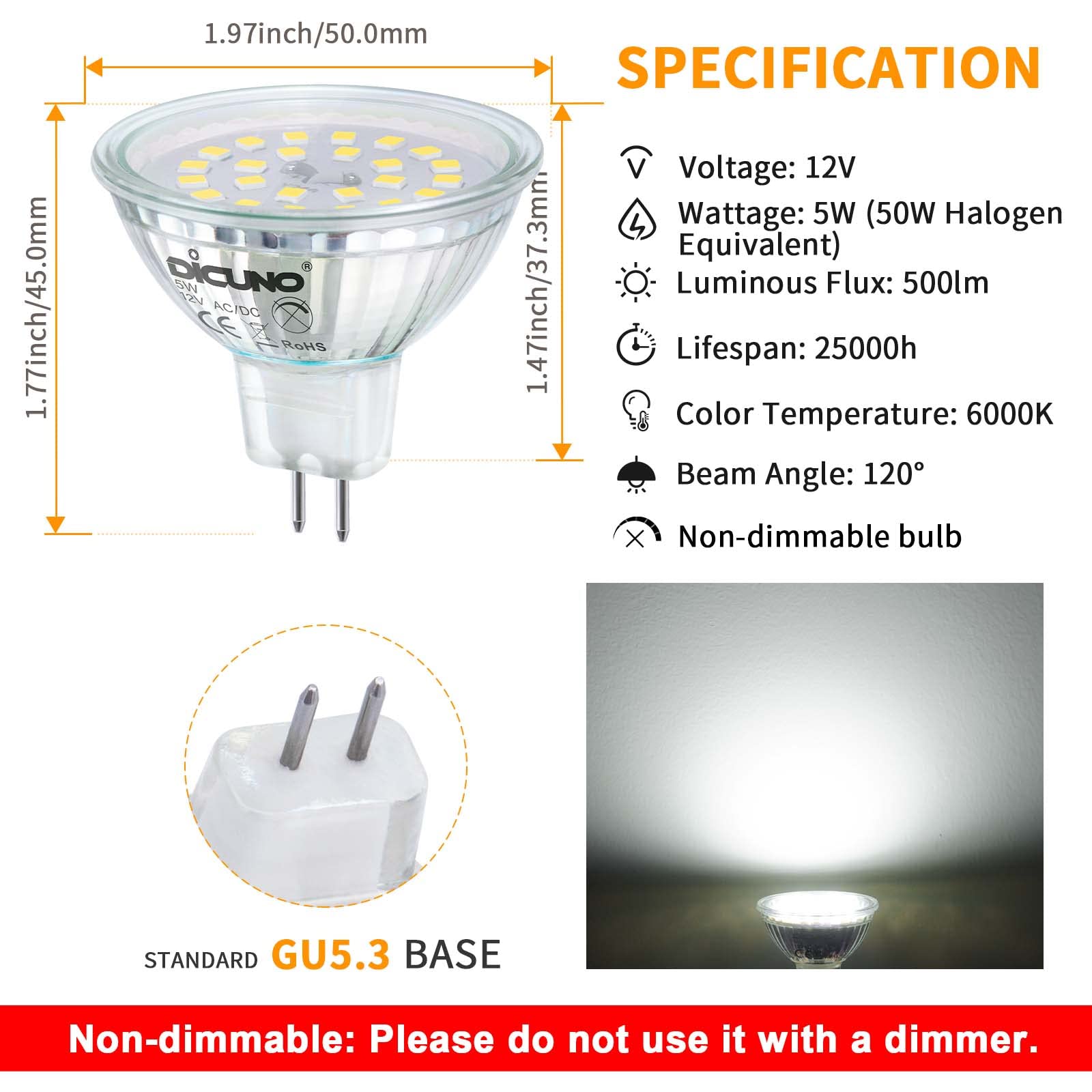 DiCUNO GU5.3 LED Bulb, 12V MR16 Spotlight, 500LM, Daylight White 6000K, 5W, 6 Pack