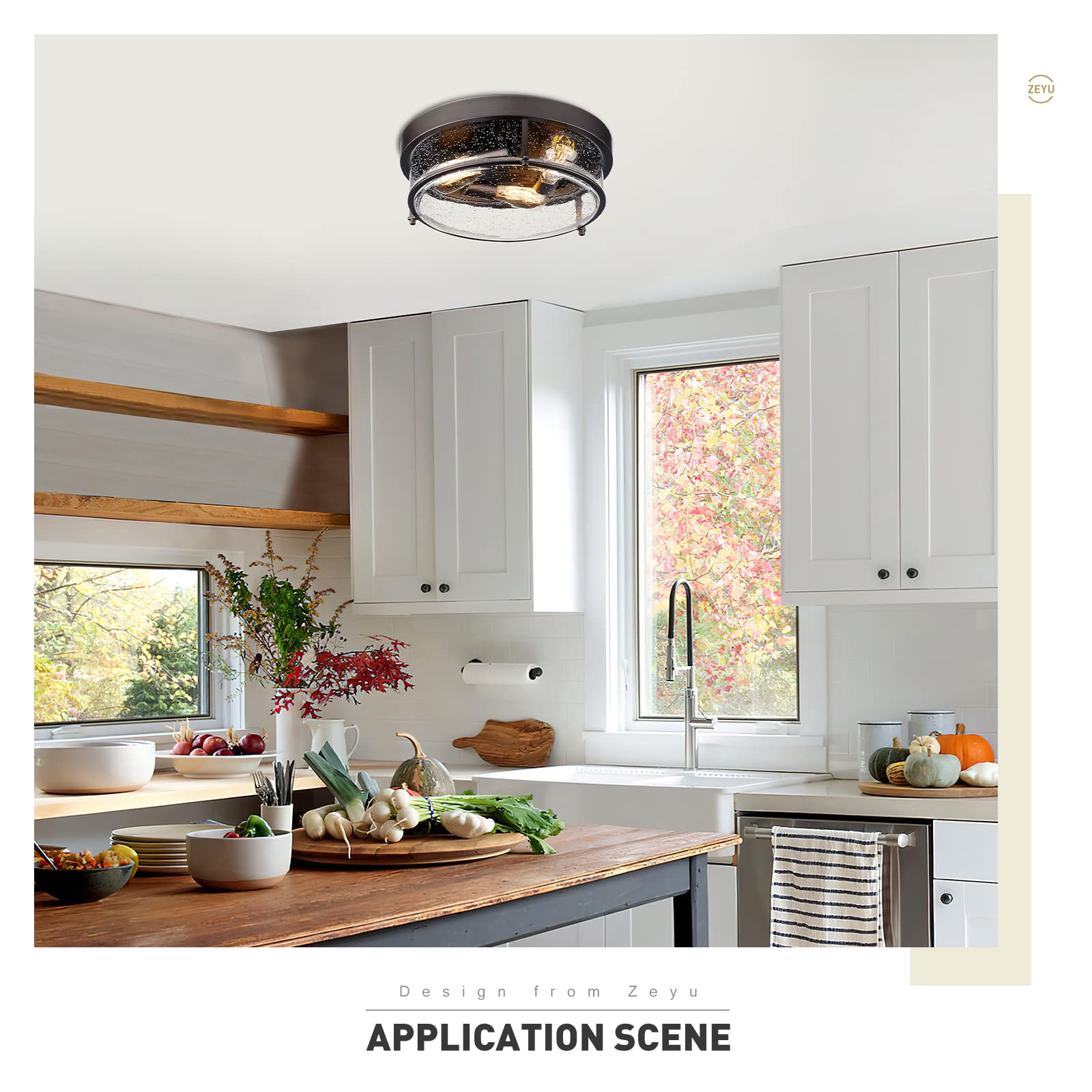 zeyu 3-Light Flush Mount Ceiling Light, 15 Inch, Oil-Rubbed Bronze, Seeded Glass, Model ZG59F ORB