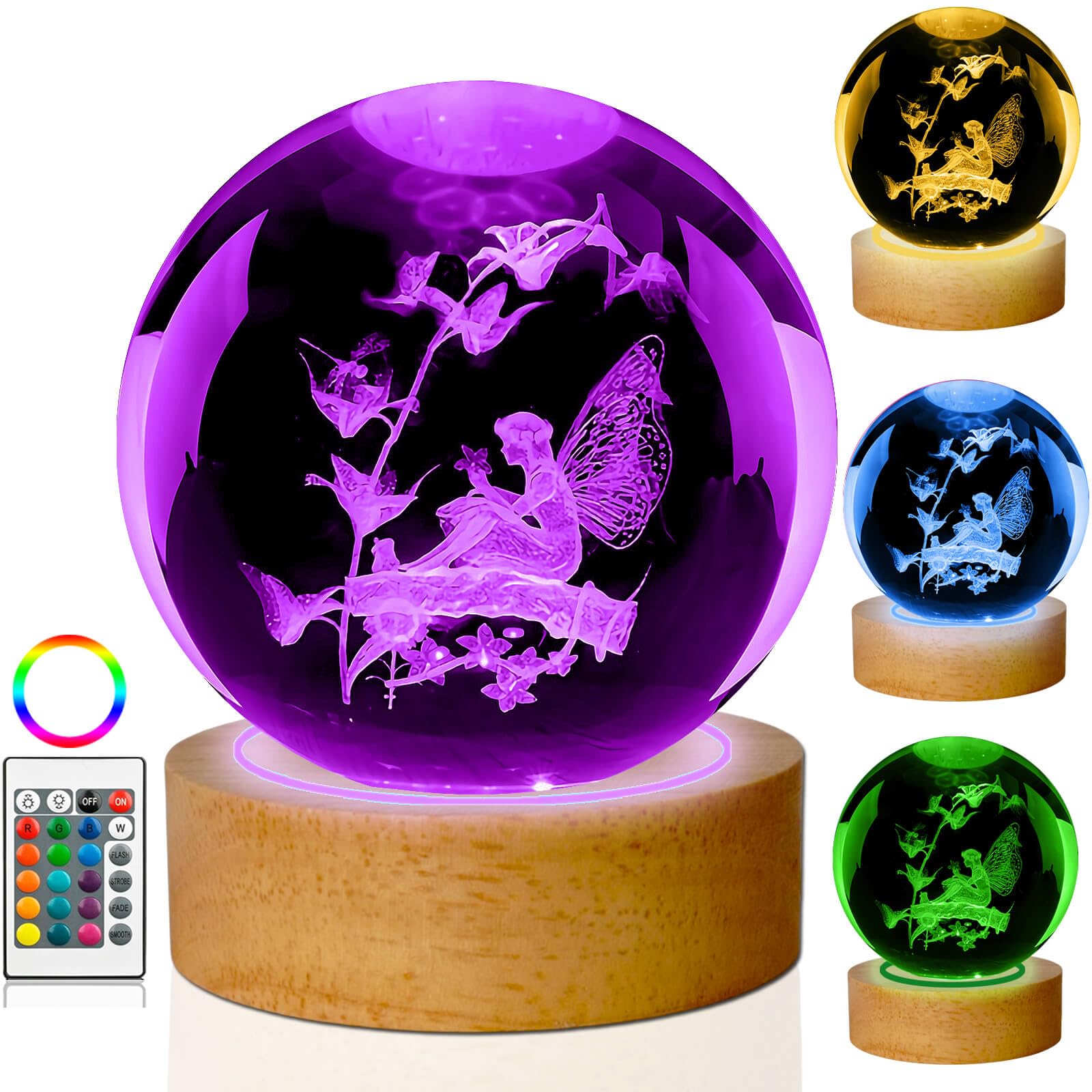 LINSINA 3D Flower Fairy Crystal Ball Lamp,60mm 16 Colors Crystal Ball Night Light with Wooden Base and Remote Control, Fairy Gif
