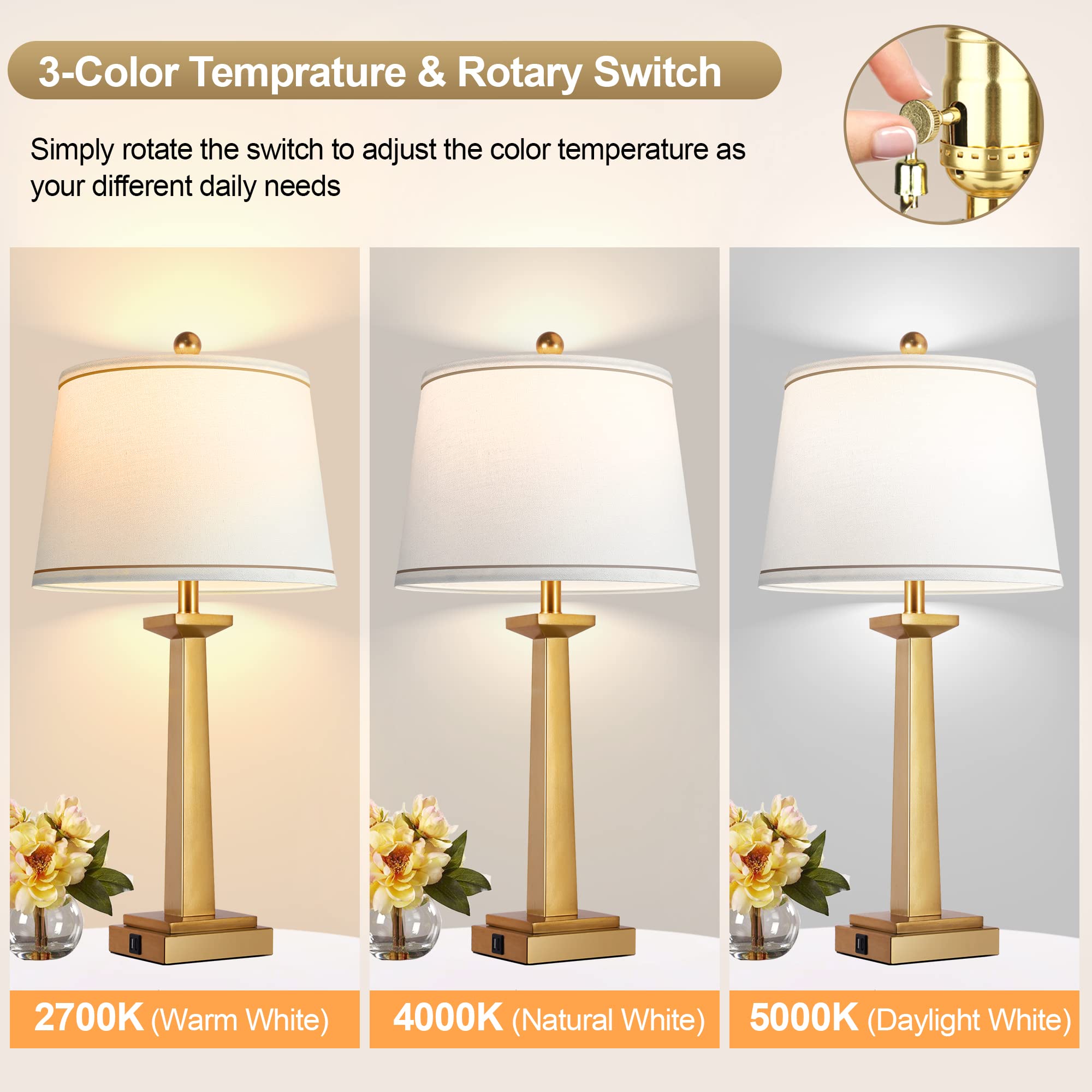 Rottogoon 29&quot; Gold Table Lamp With Usb Ports, 3-Color Temperature, Led Bulb Included