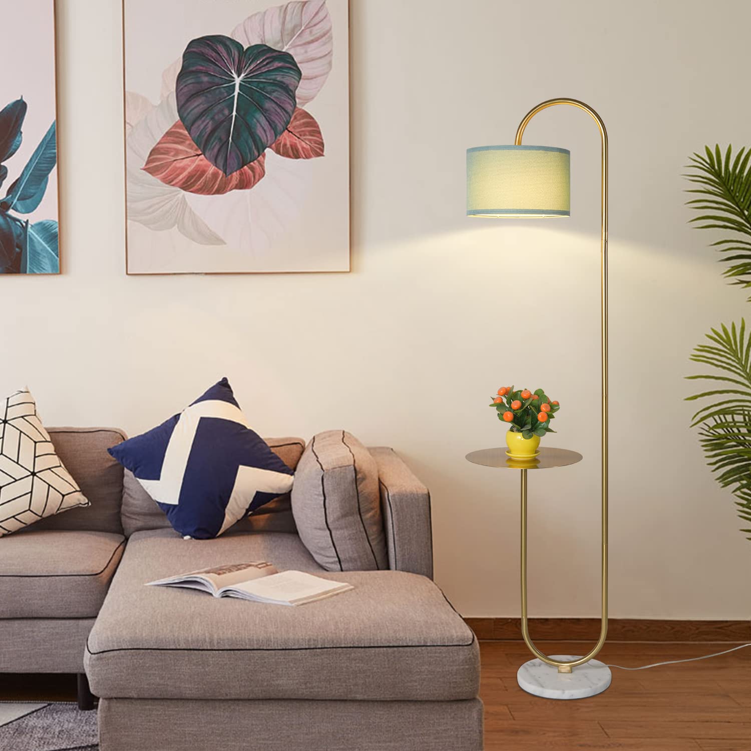 Hsyile Ku300272 Arc Floor Lamp With Hanging Drum Shade For Living Room-Marble Base Modern Tall Stand Up Light With Table, Contem