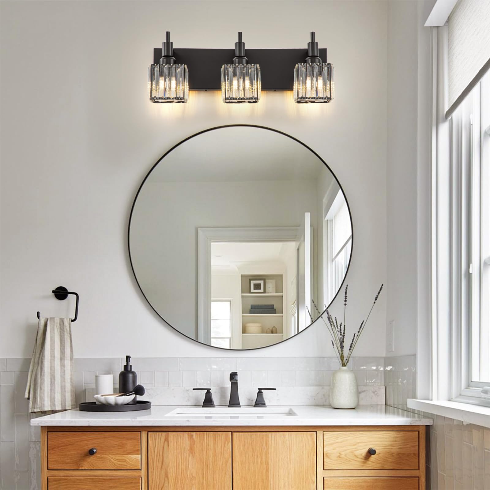 HUOKU Black Crystal 3-Light Bathroom Vanity Light Fixture Over Mirror, Metal with Square Shade