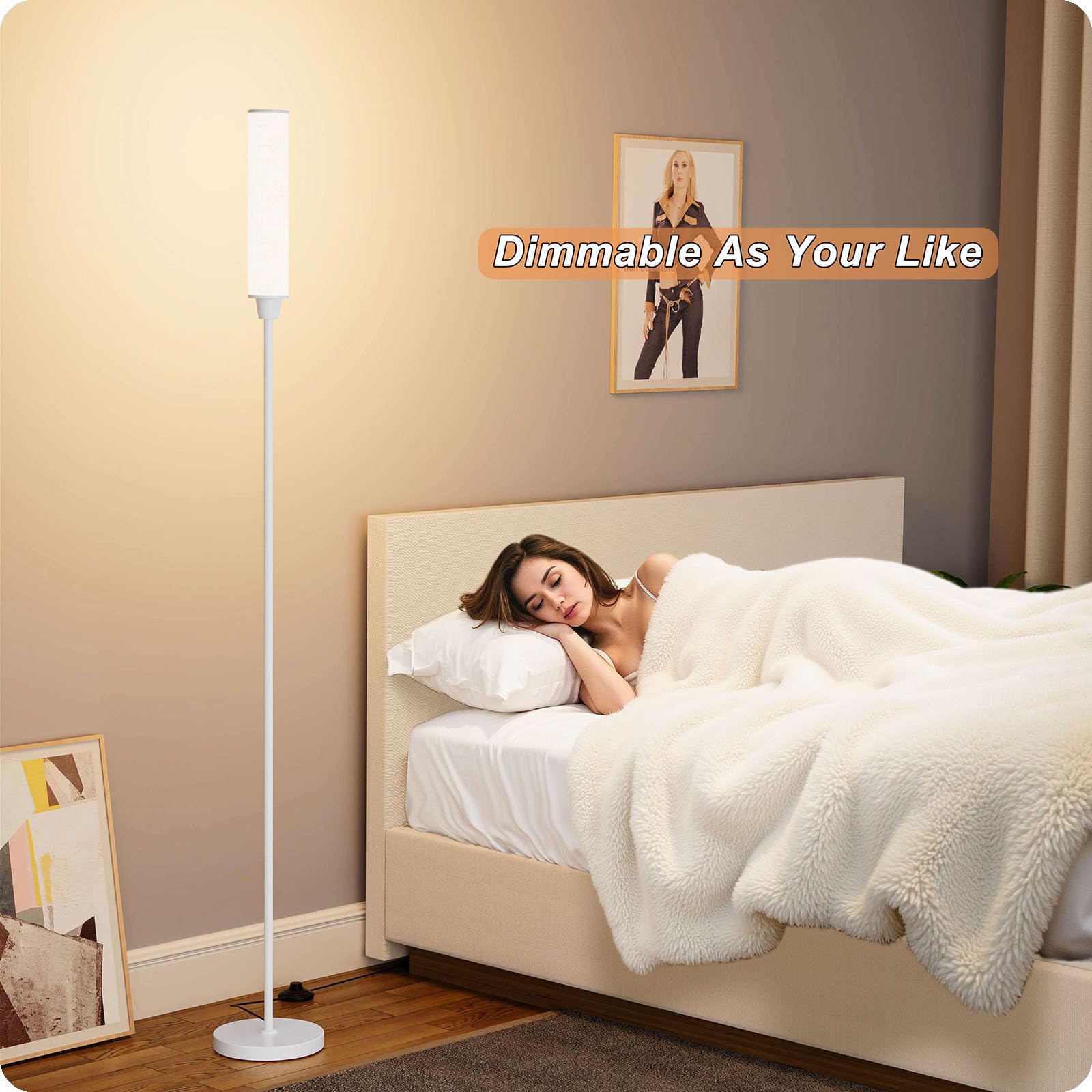 Nukanu Floor Lamp with Remote Control, 3000K-6000K Adjustable Brightness, White+Beige Linen, Model FLP-DHY