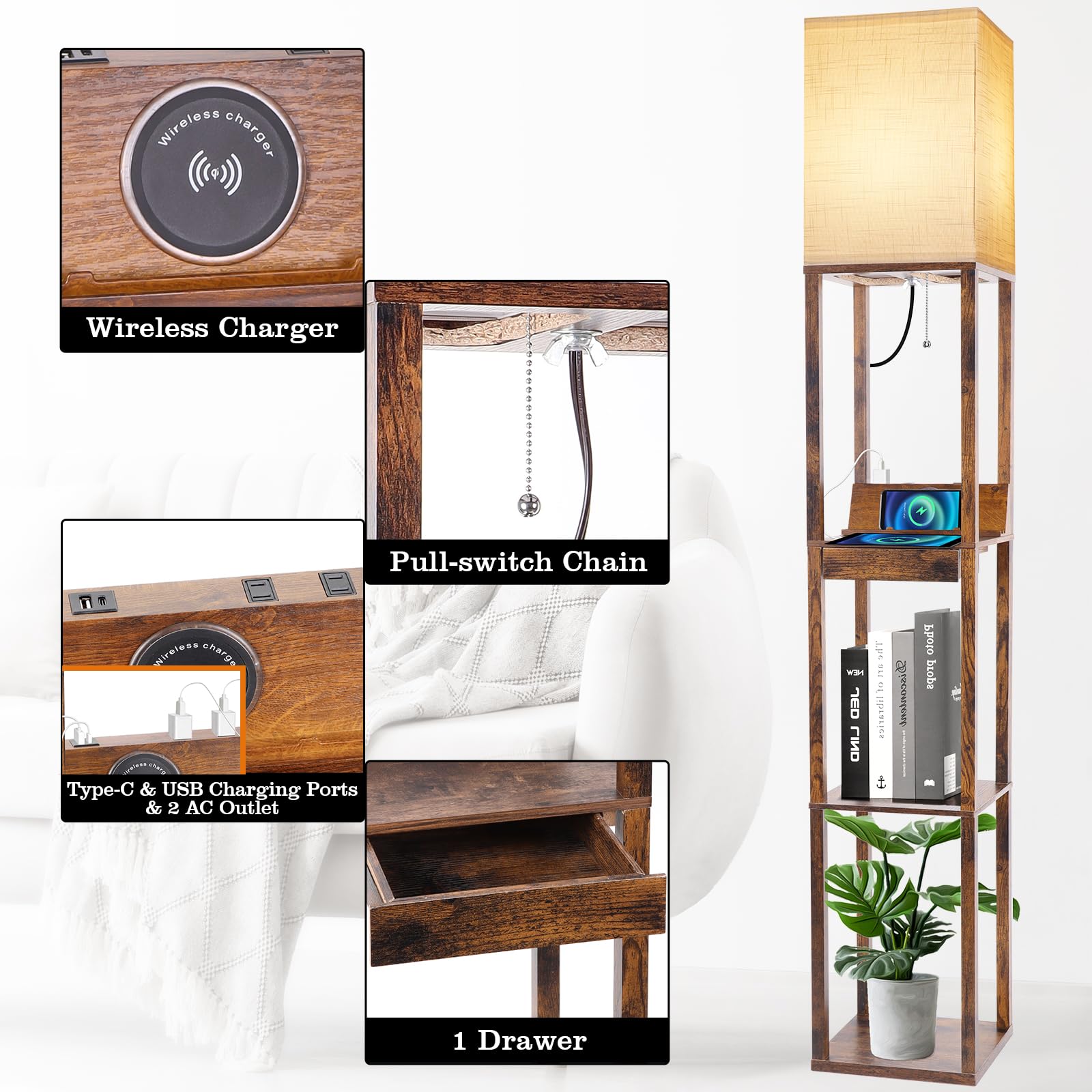 Runtop Floor Lamp With Shelves, Shelf Floor Lamp With Wireless Charger & 2 Charging Usb Ports & Drawer, Ac Outlet, 3 Color Tempe